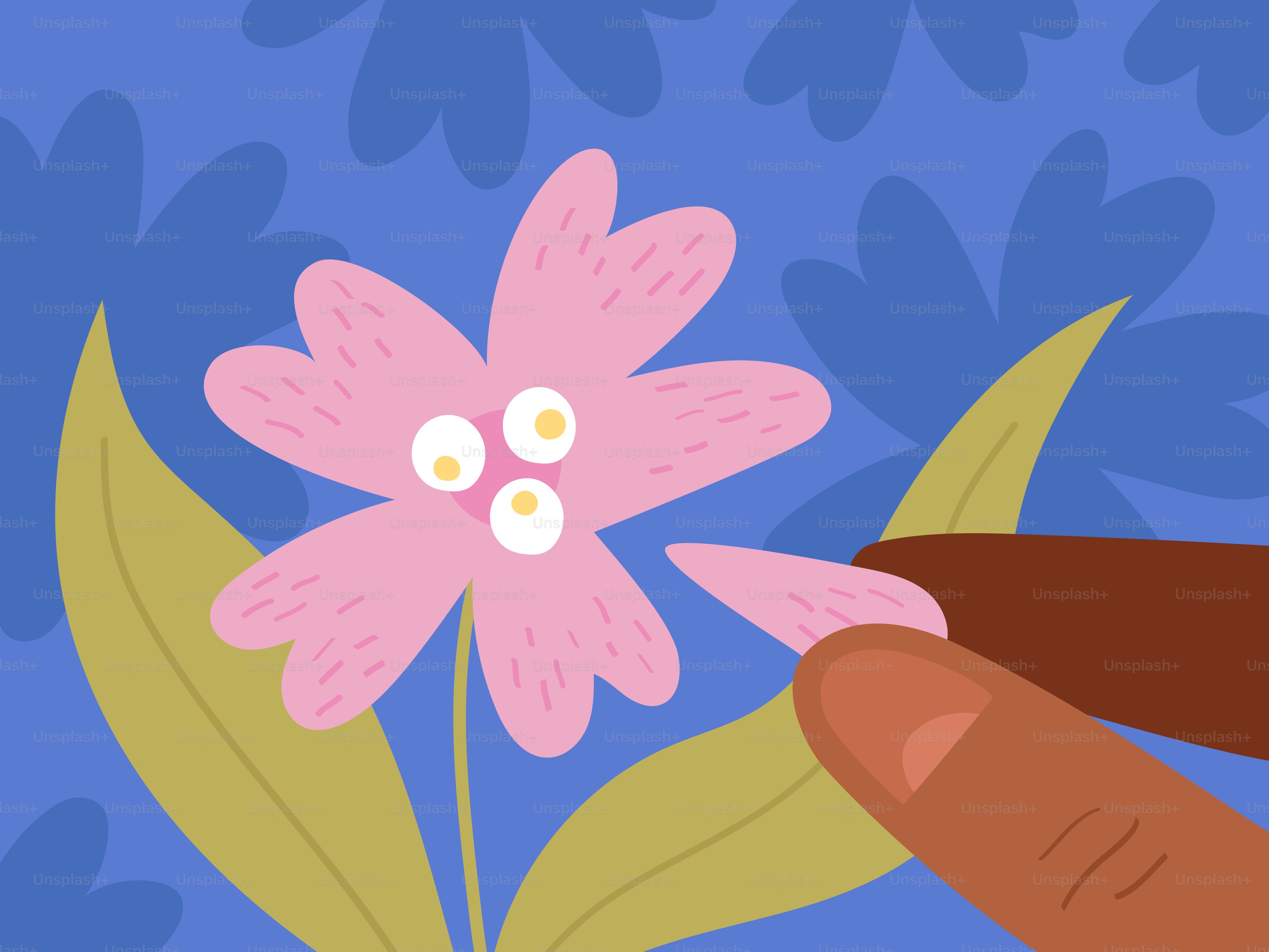 Un dedo toca una flor rosa con fondo azul