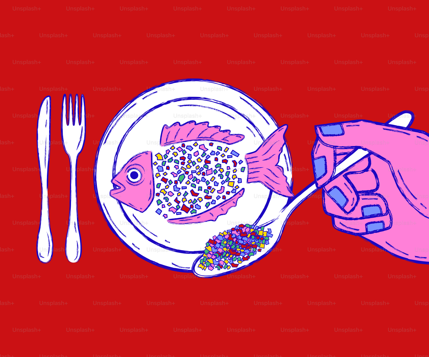 Poisson rose rempli de confettis colorés sur une assiette.