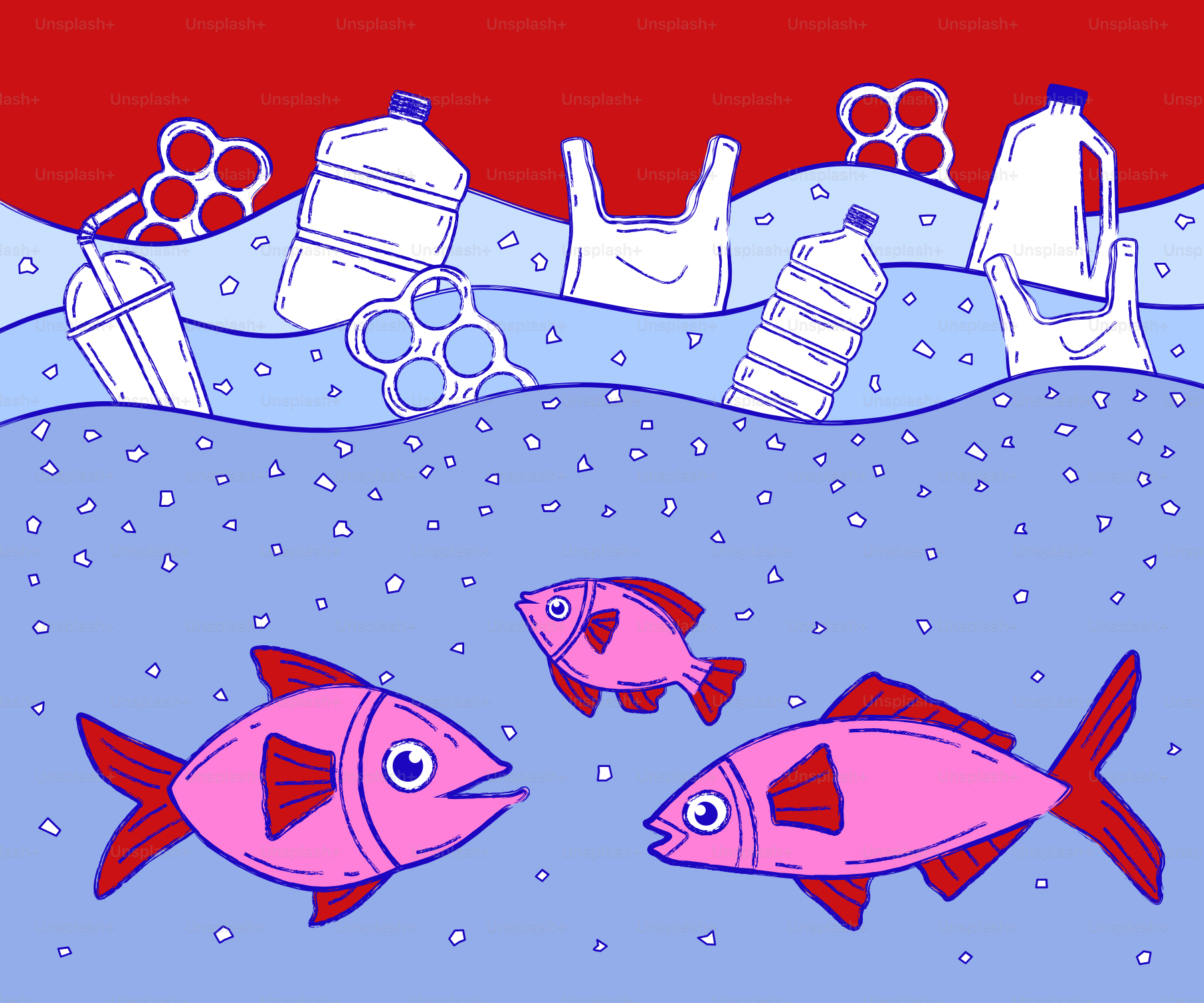 Plastikverschmutzung im Ozean mit Fischen.