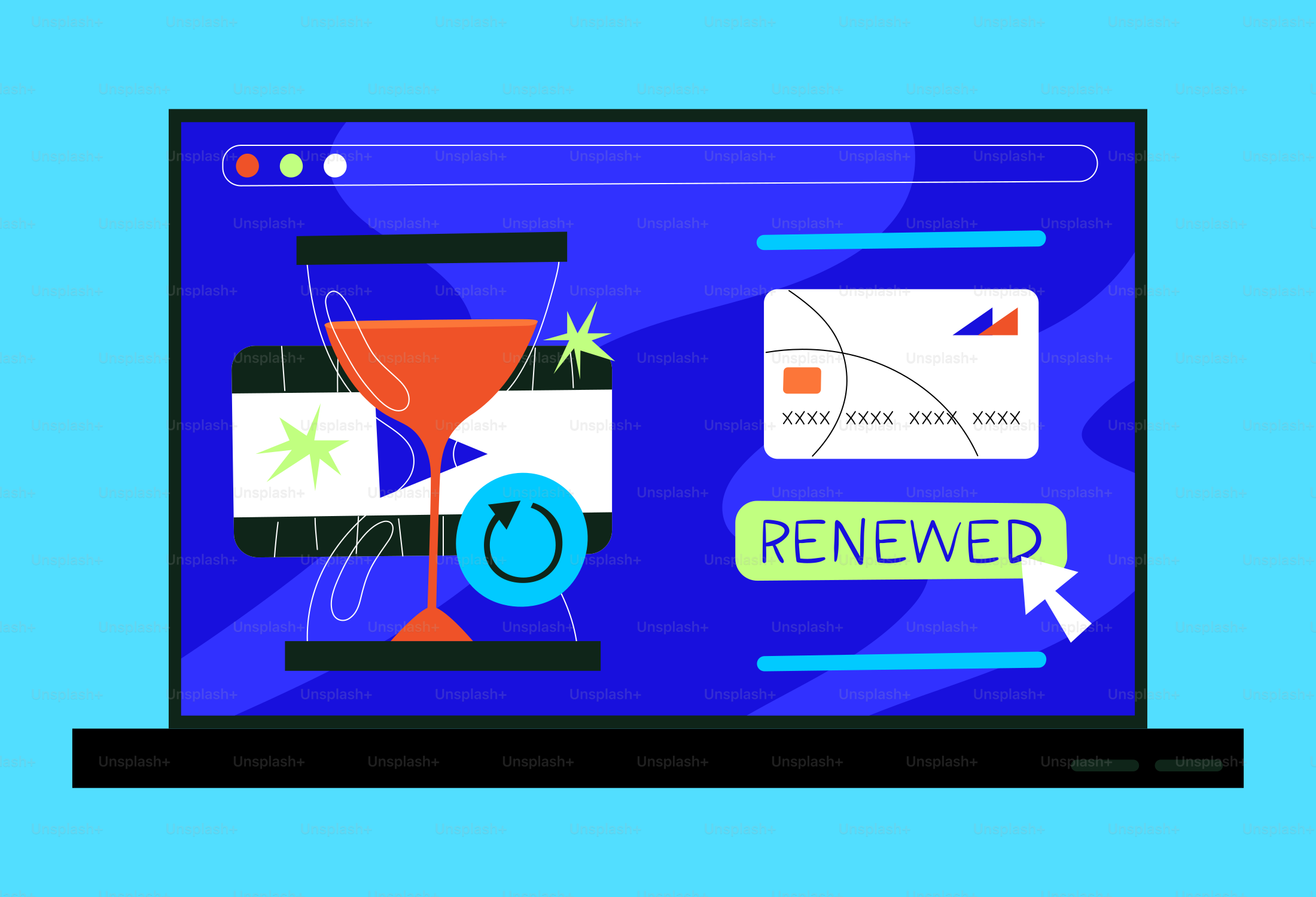 L’écran de l’ordinateur portable affiche la carte de crédit et le bouton de renouvellement.