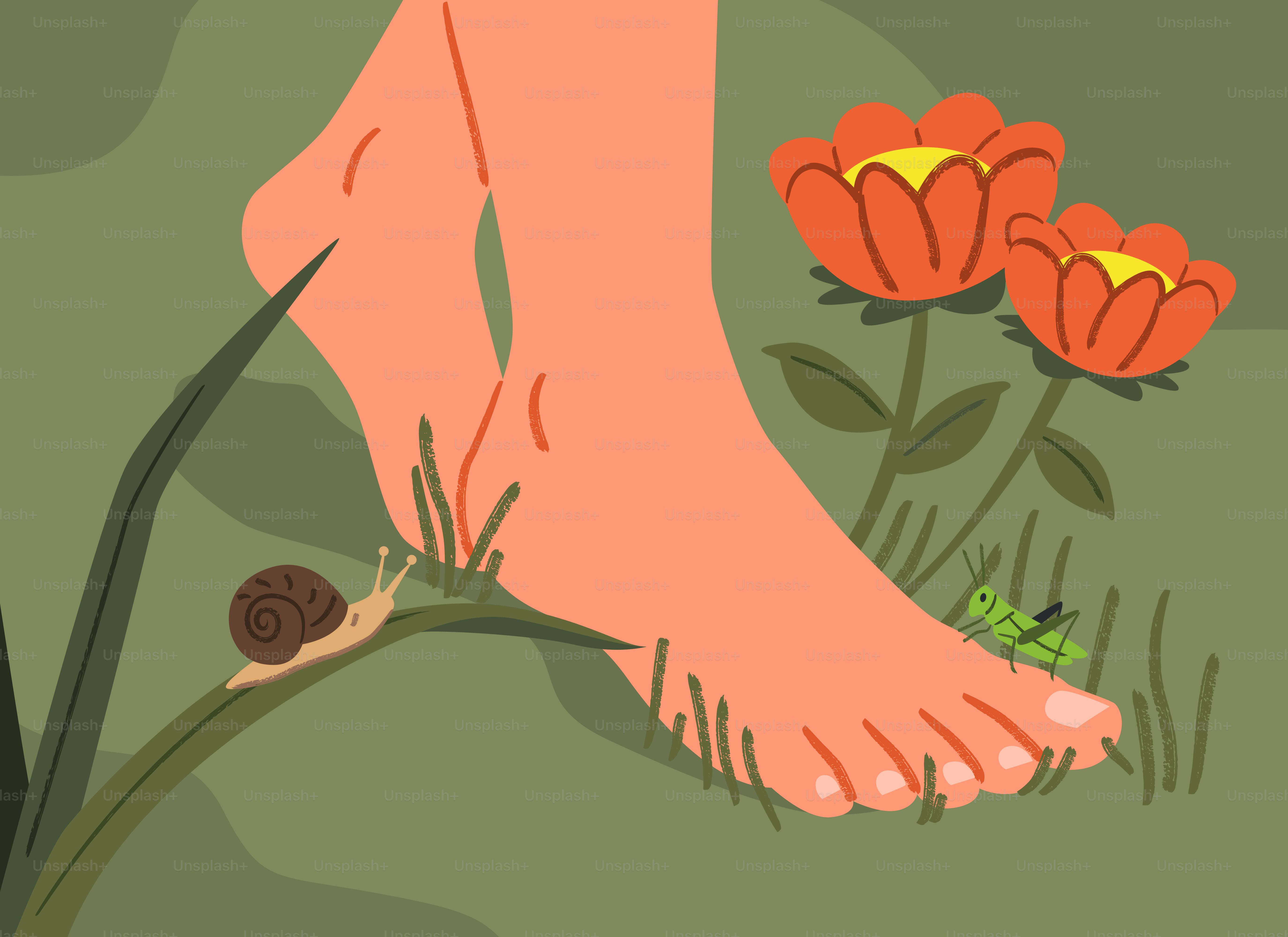 Un enorme passo si avvicina con attenzione a fiori e insetti.