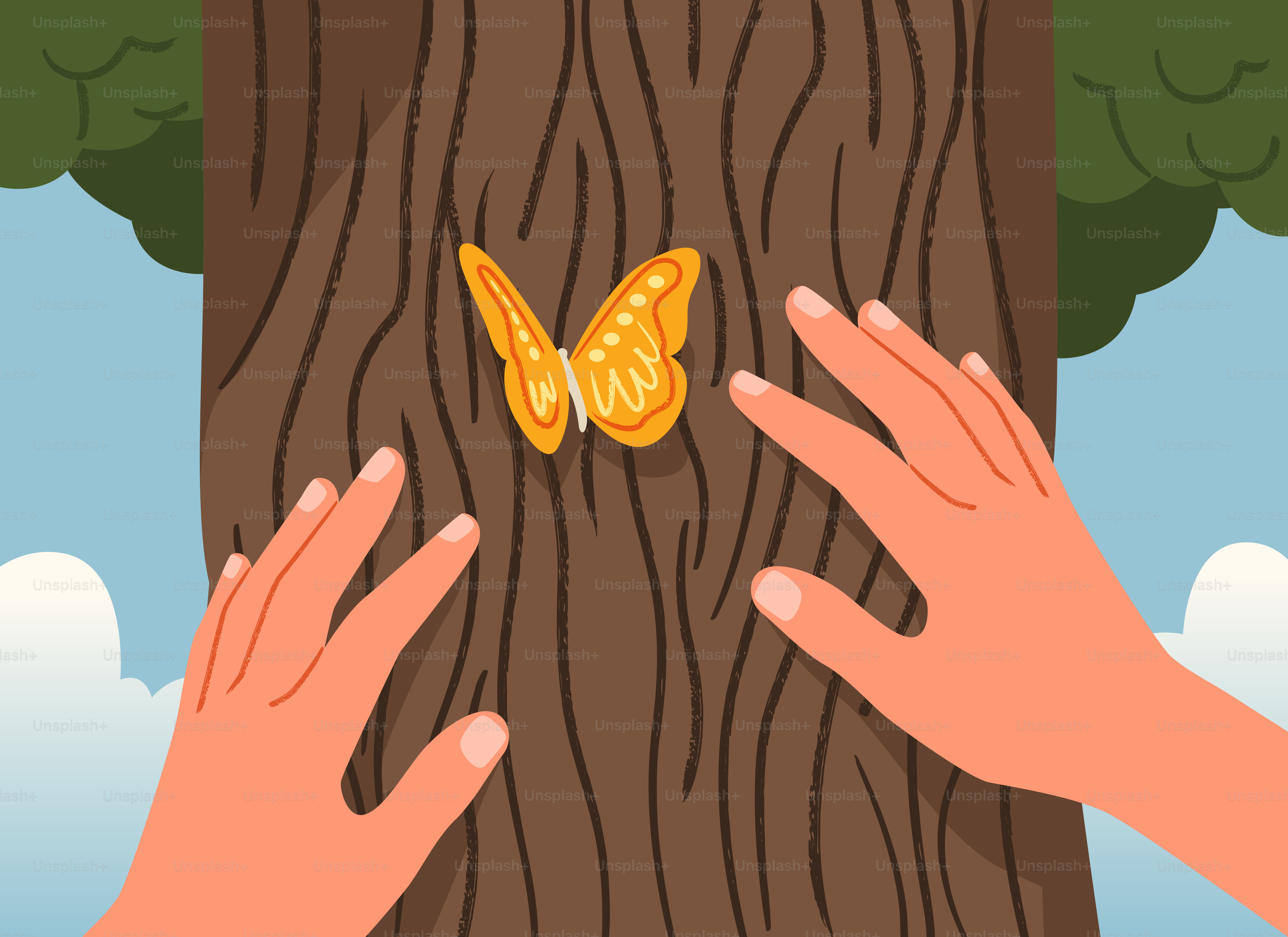 Le mani di una persona si protendono verso una farfalla su un albero.