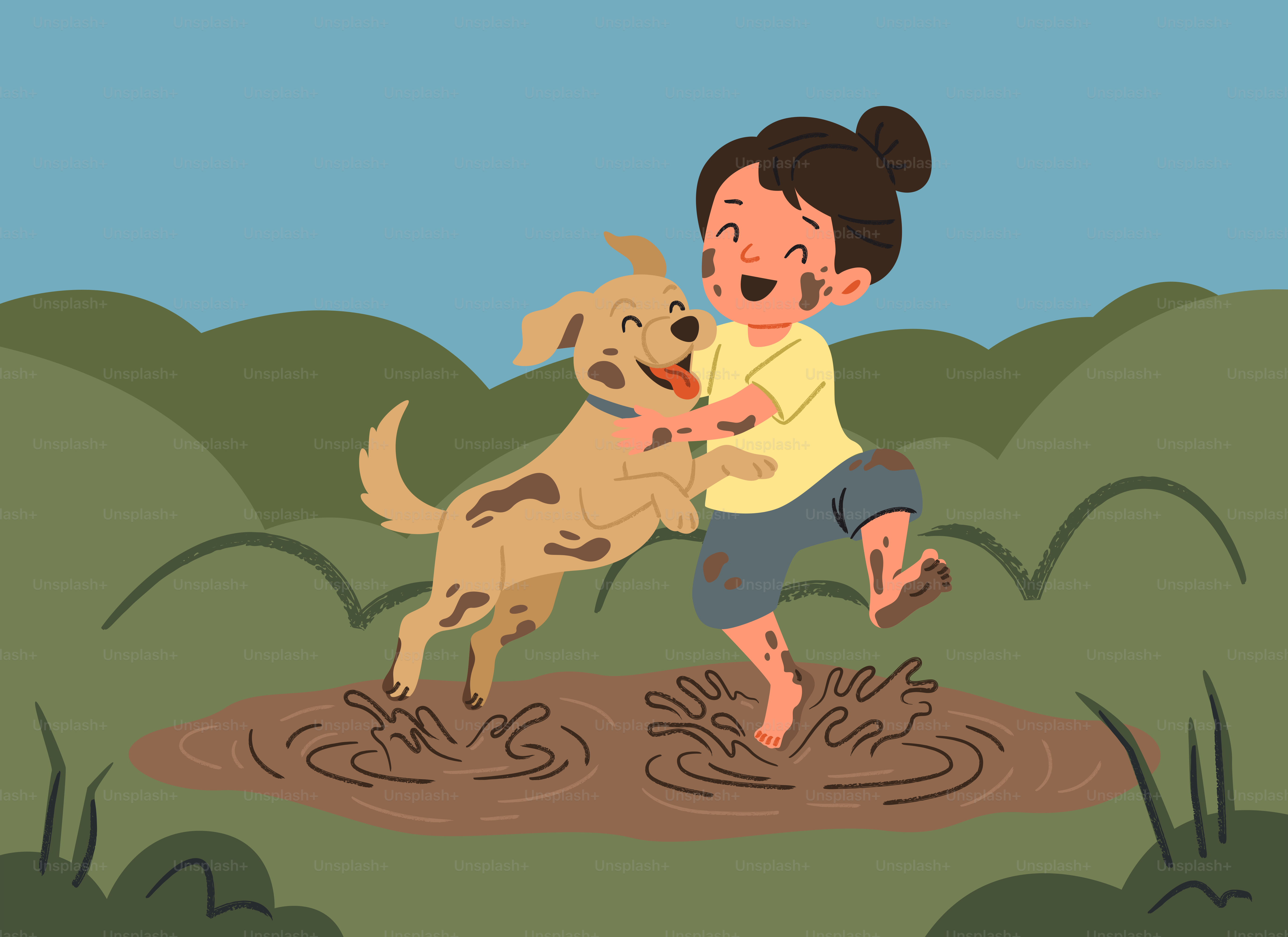 Un bambino felice e un cane che giocano nelle pozzanghere di fango