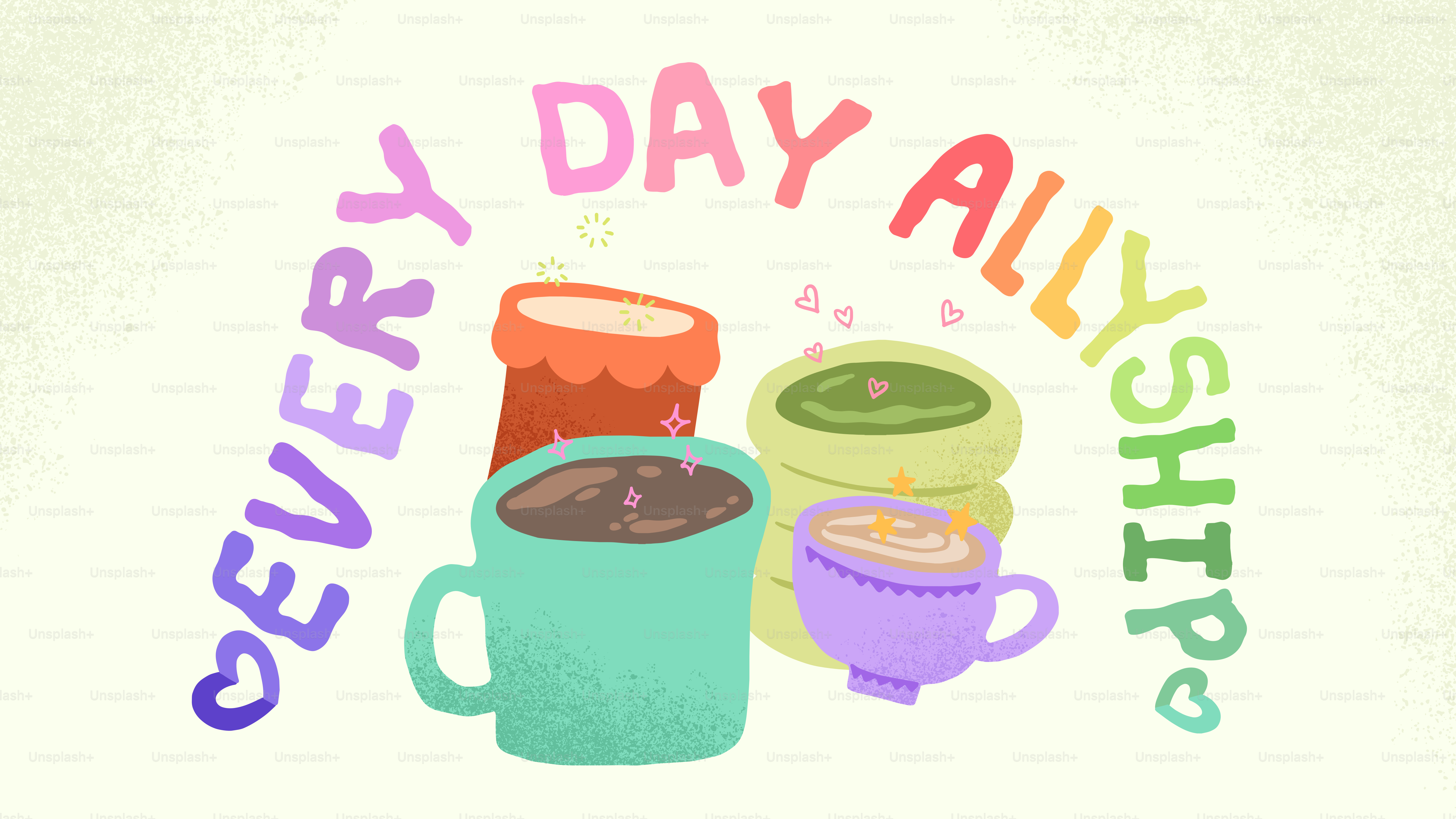 Cuatro tazas con bebidas coloridas y texto arcoíris.