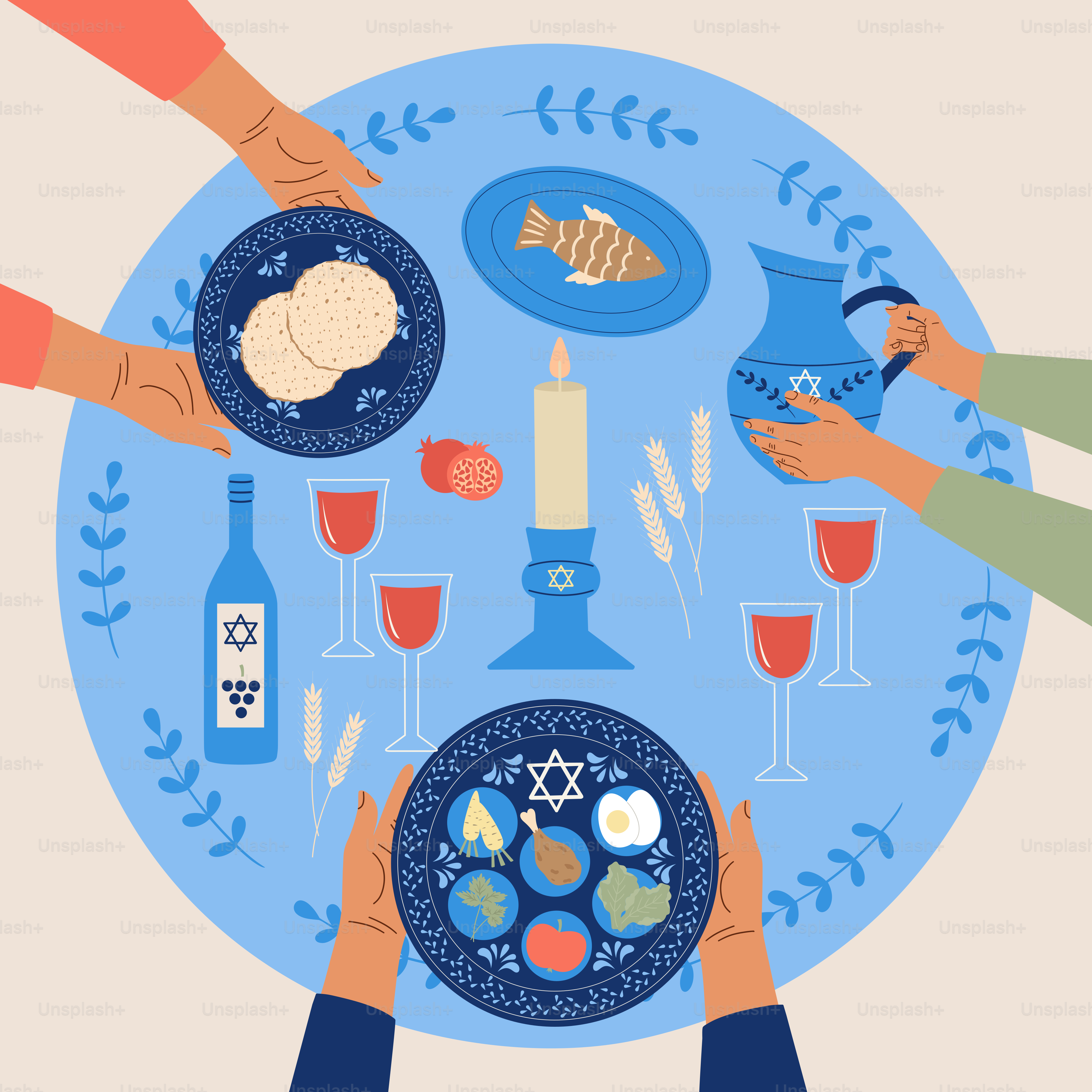 La gente se reunió alrededor de una mesa de seder de Pascua