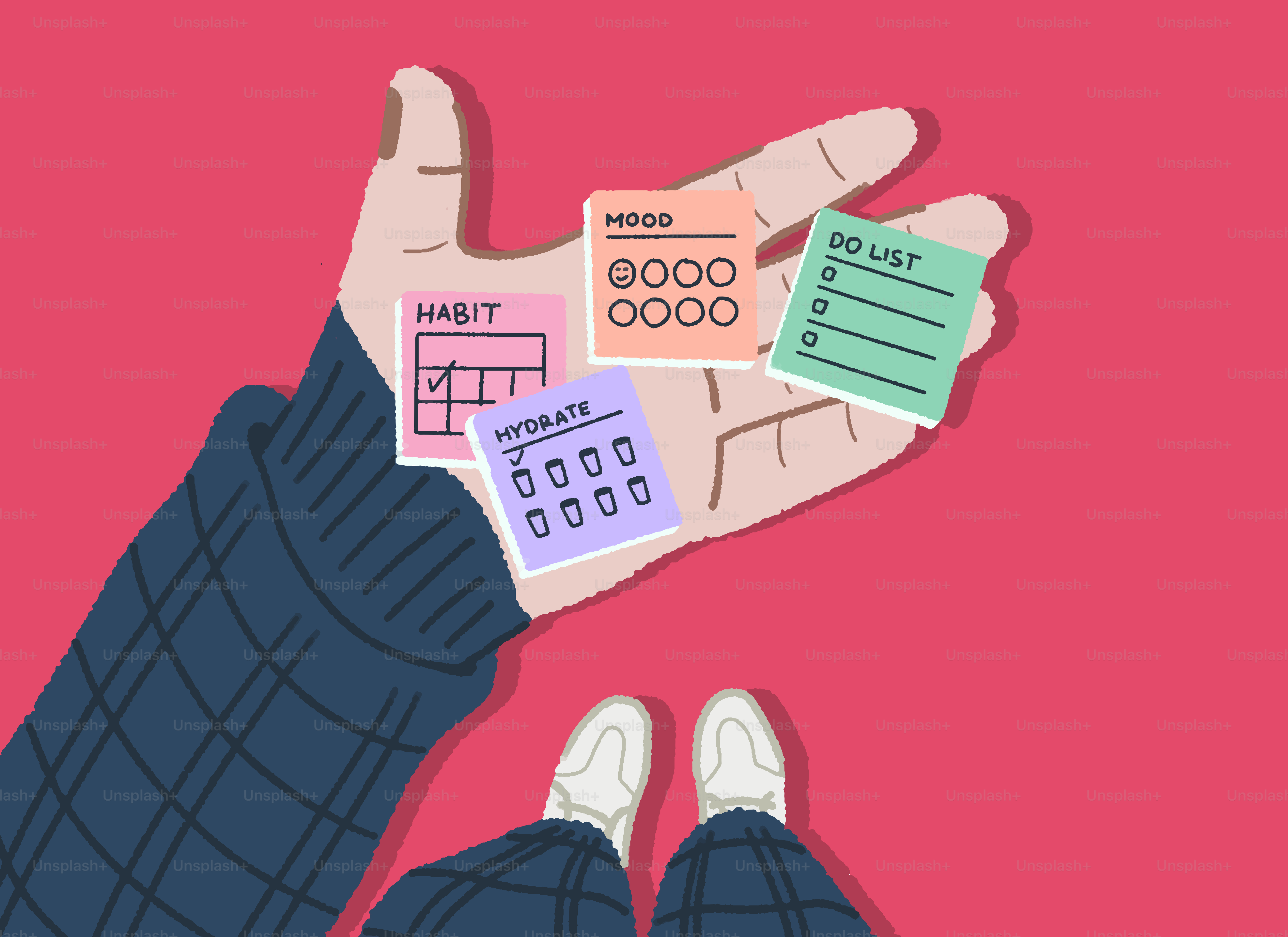 Hand holding sticky notes for habit, mood, and to-do lists.