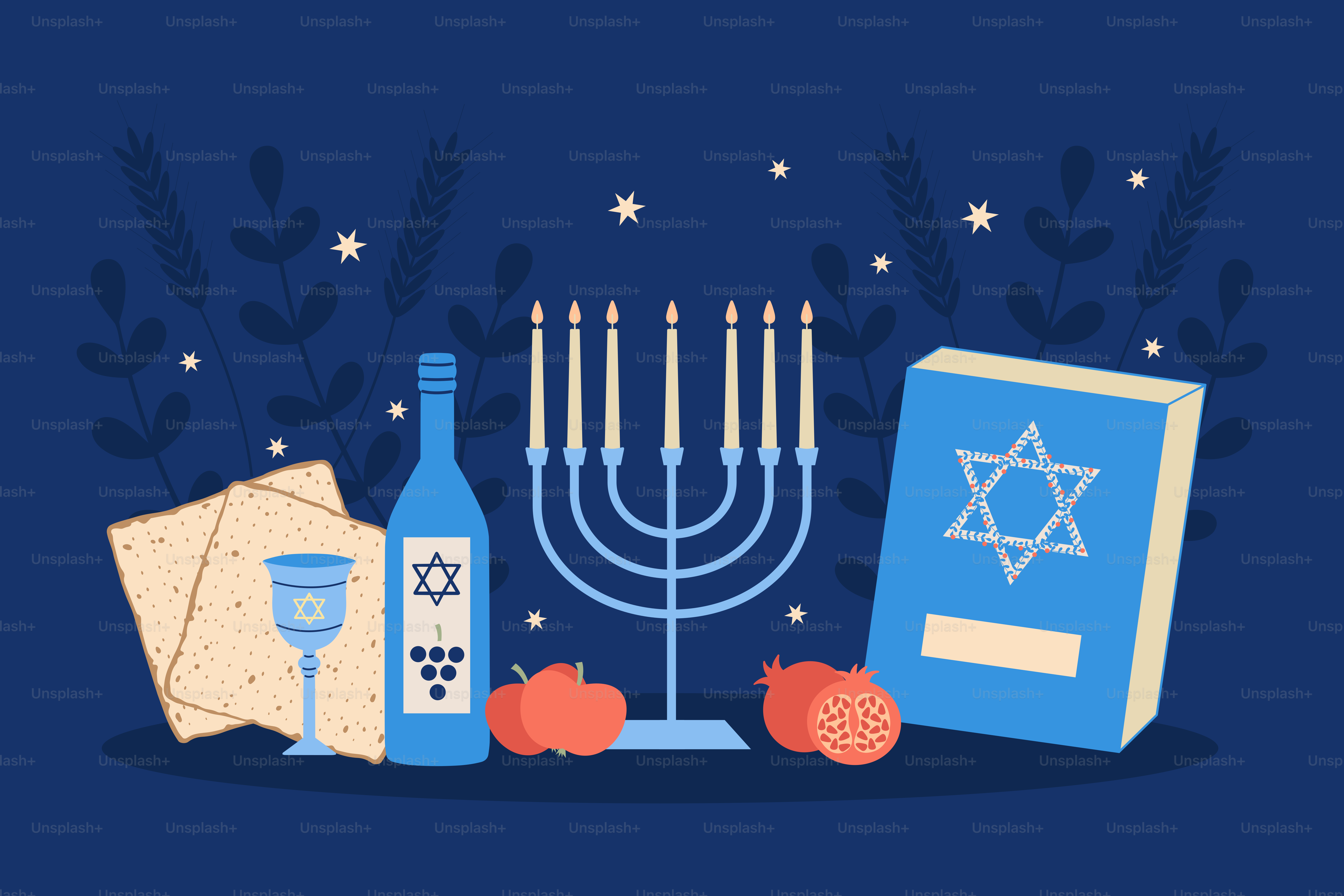 ハヌカーのメノーラー、ワイン、マッツァ、そして青い背景にザクロが描かれています