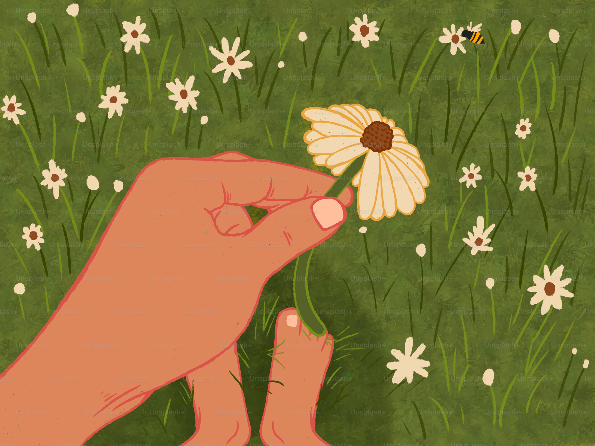 Mão segurando uma margarida em um campo de flores