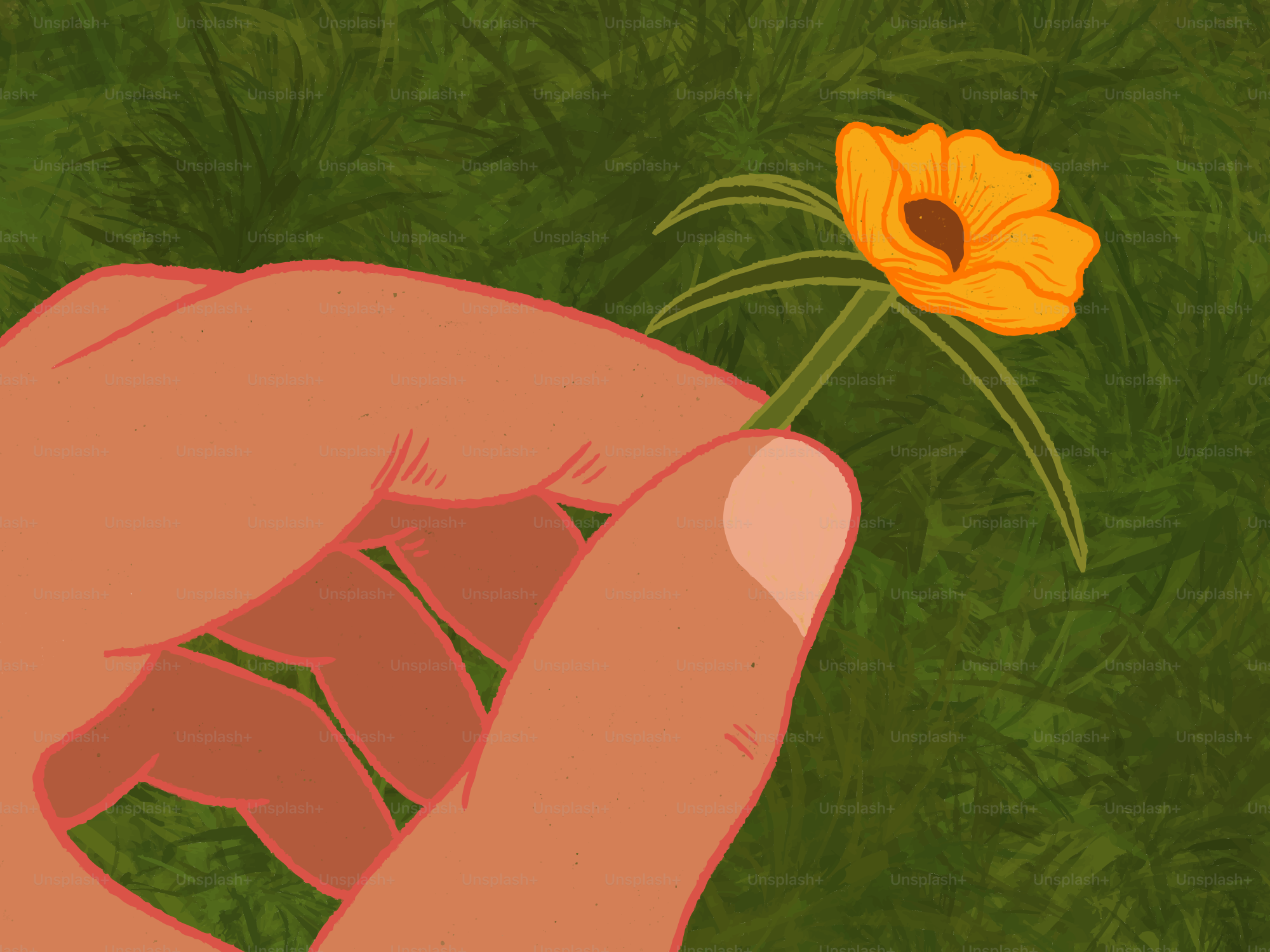 Eine Hand hält eine kleine orangefarbene Blume mit grünem Stängel.