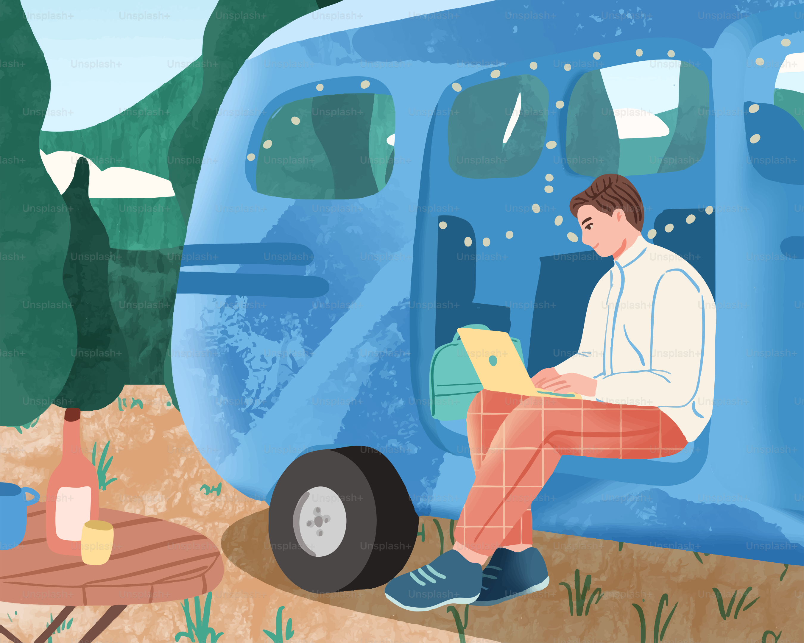 Man working on laptop outside blue camper van