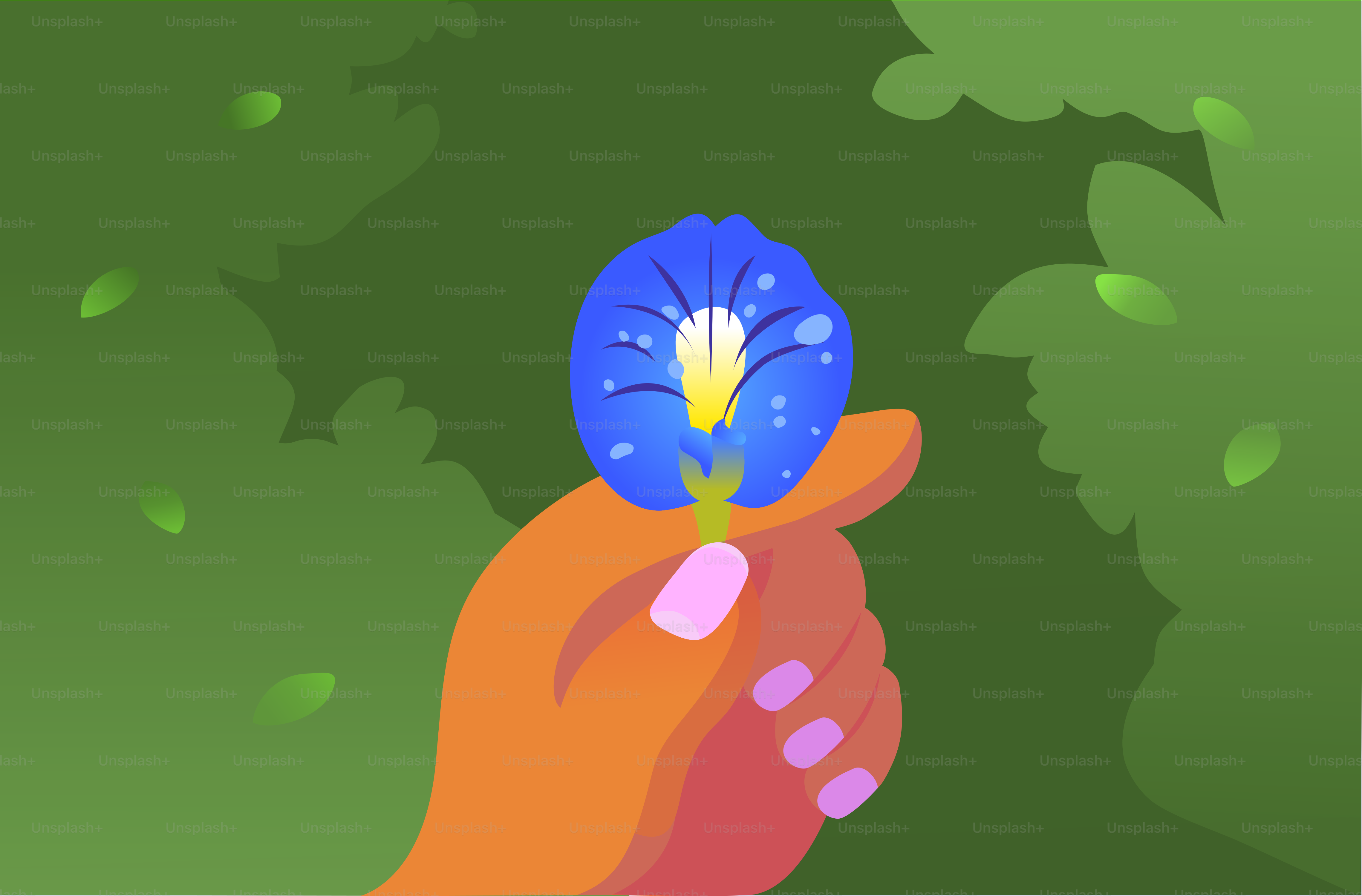 A hand holds a single blue flower with water droplets.