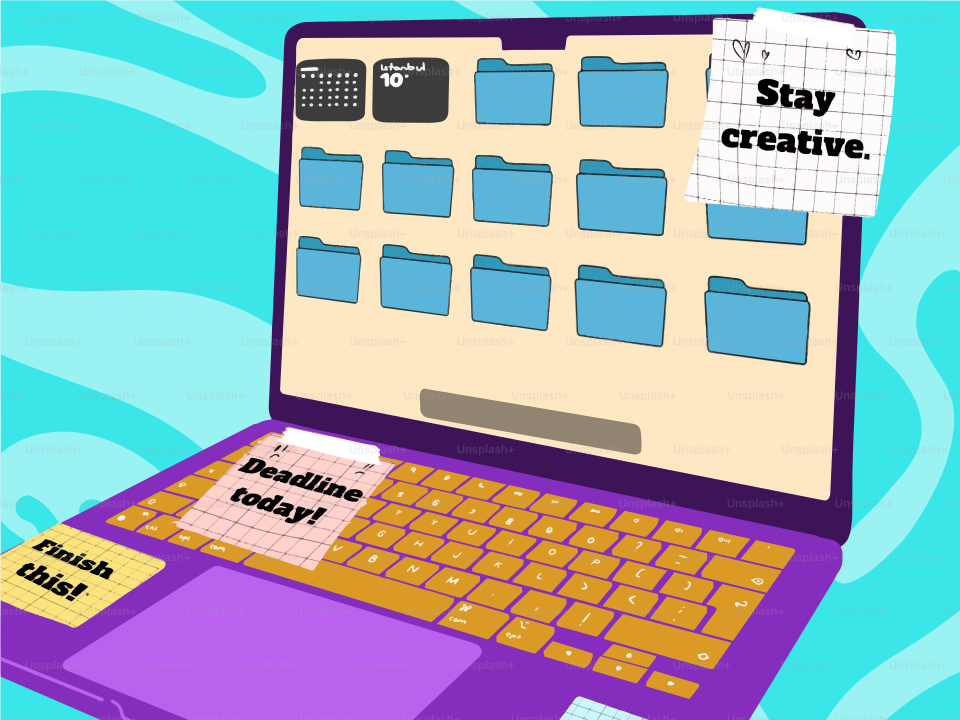 A tela do laptop mostra pastas com post-its.