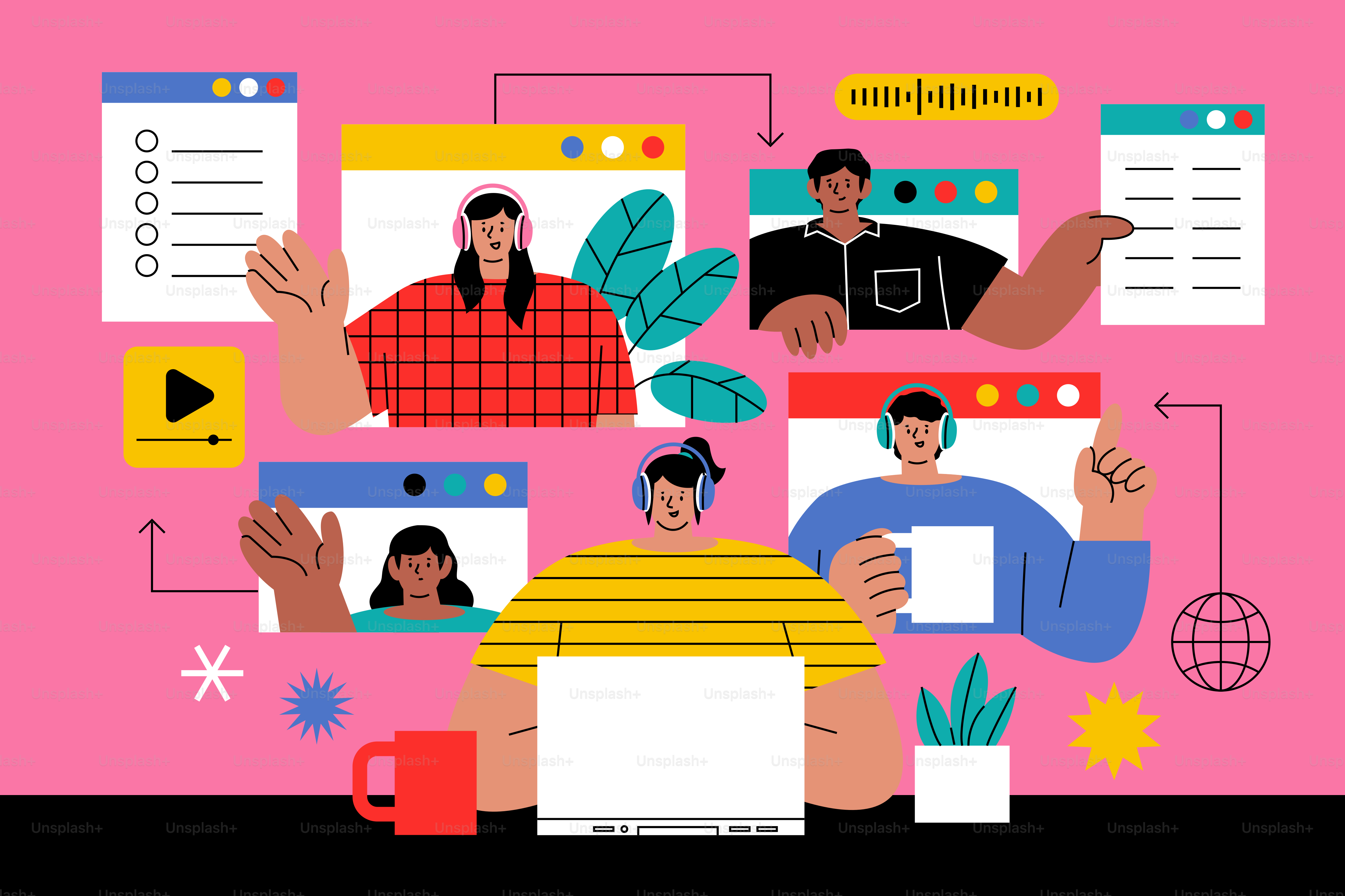 Pessoas em uma videoconferência em um fundo rosa.