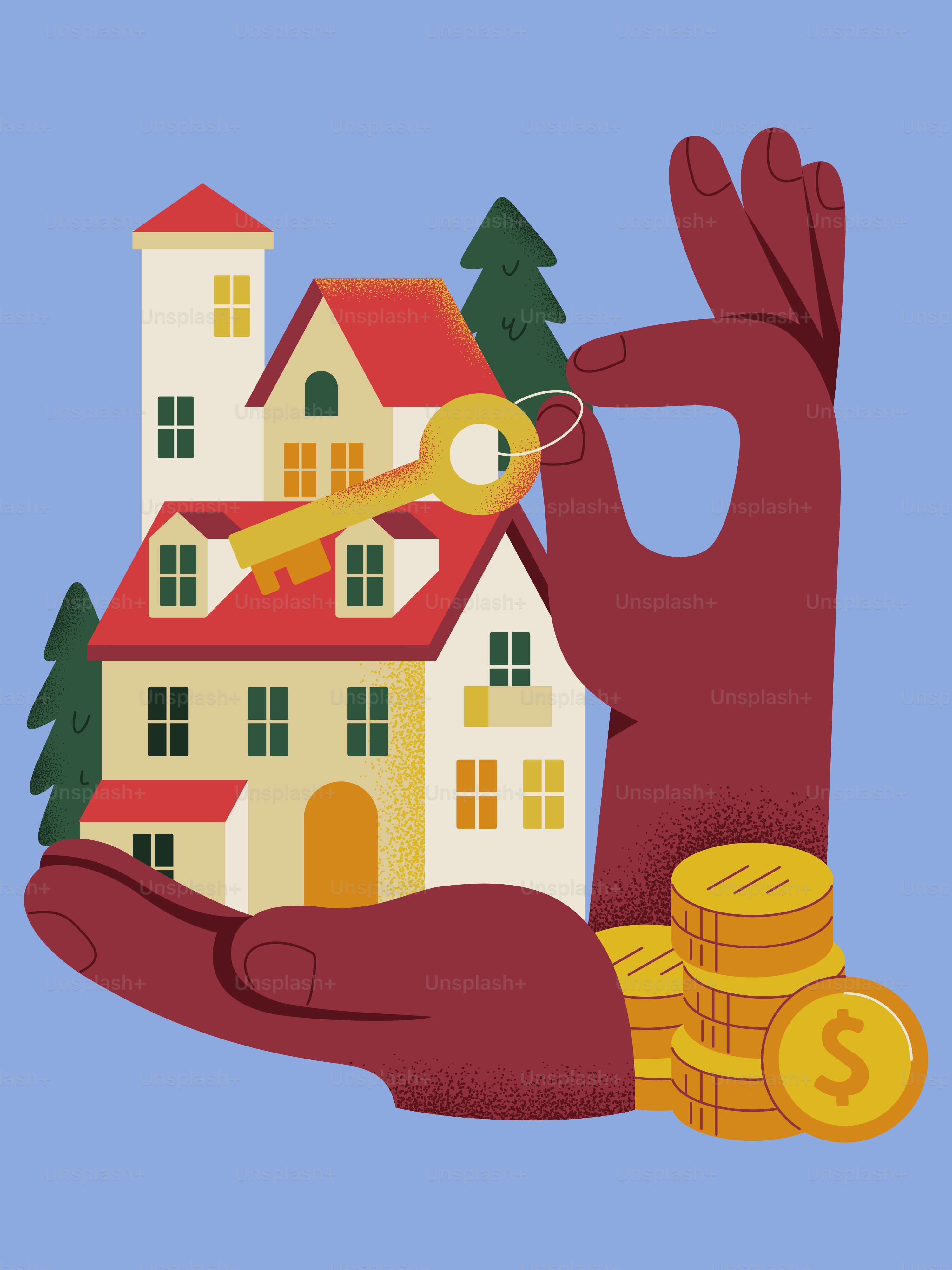 Haus, Schlüssel und Münzen in der Hand haltend