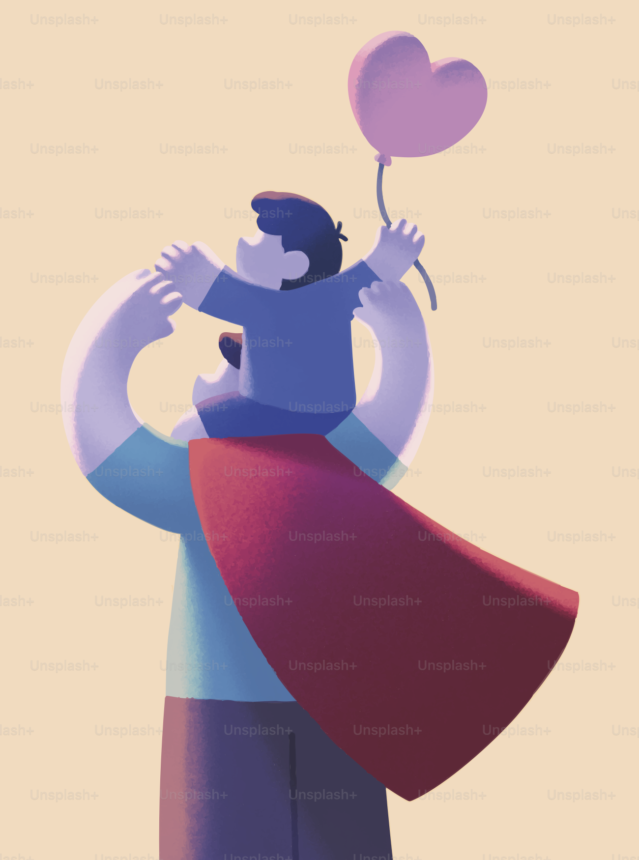 Father carrying son with a heart balloon.