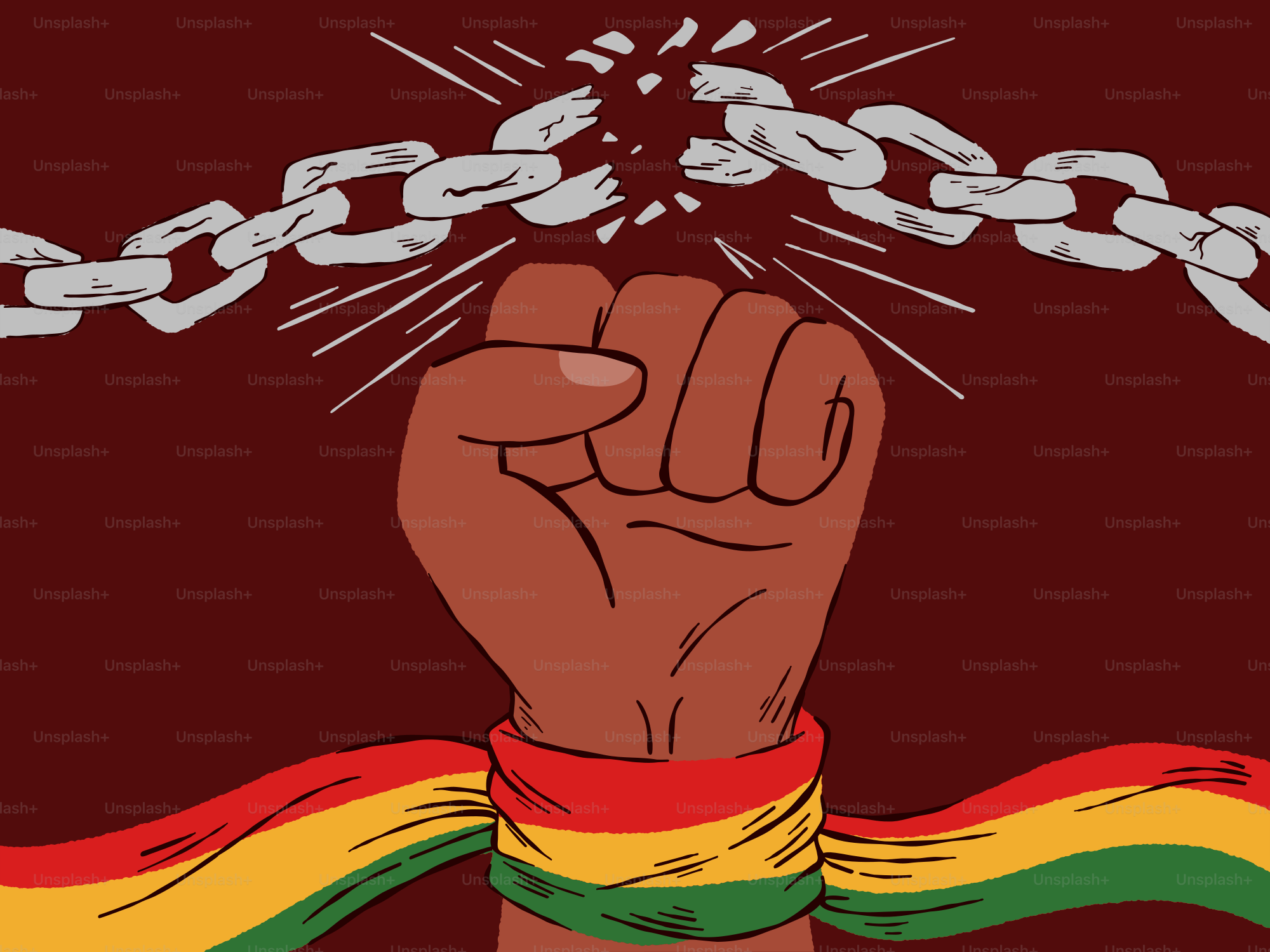 Die Faust bricht Ketten, was Freiheit und Widerstand symbolisiert.