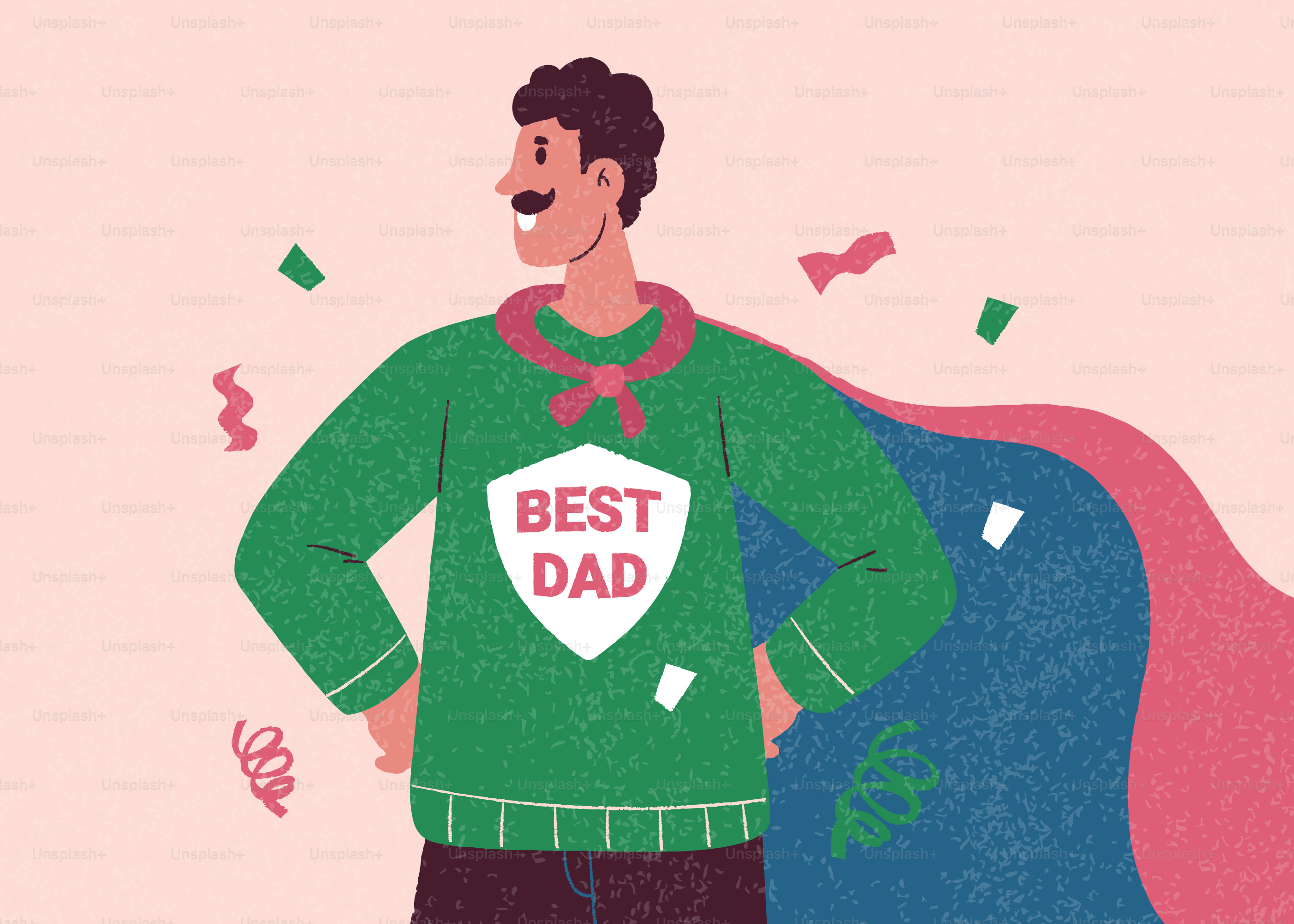 Uomo con mantello da supereroe e maglione 'miglior papà'