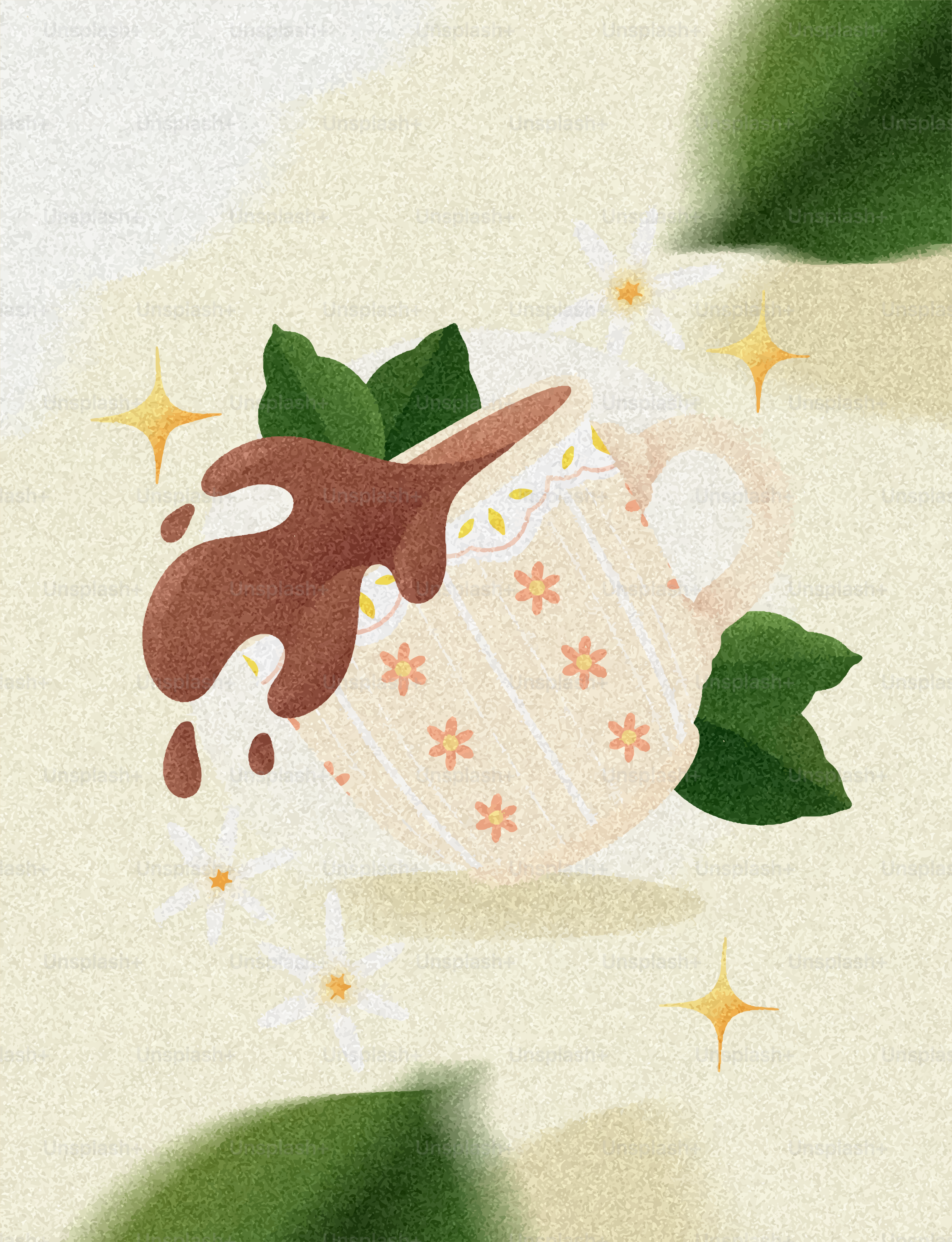 Une tasse de thé avec du chocolat qui déborde, garnie de menthe.