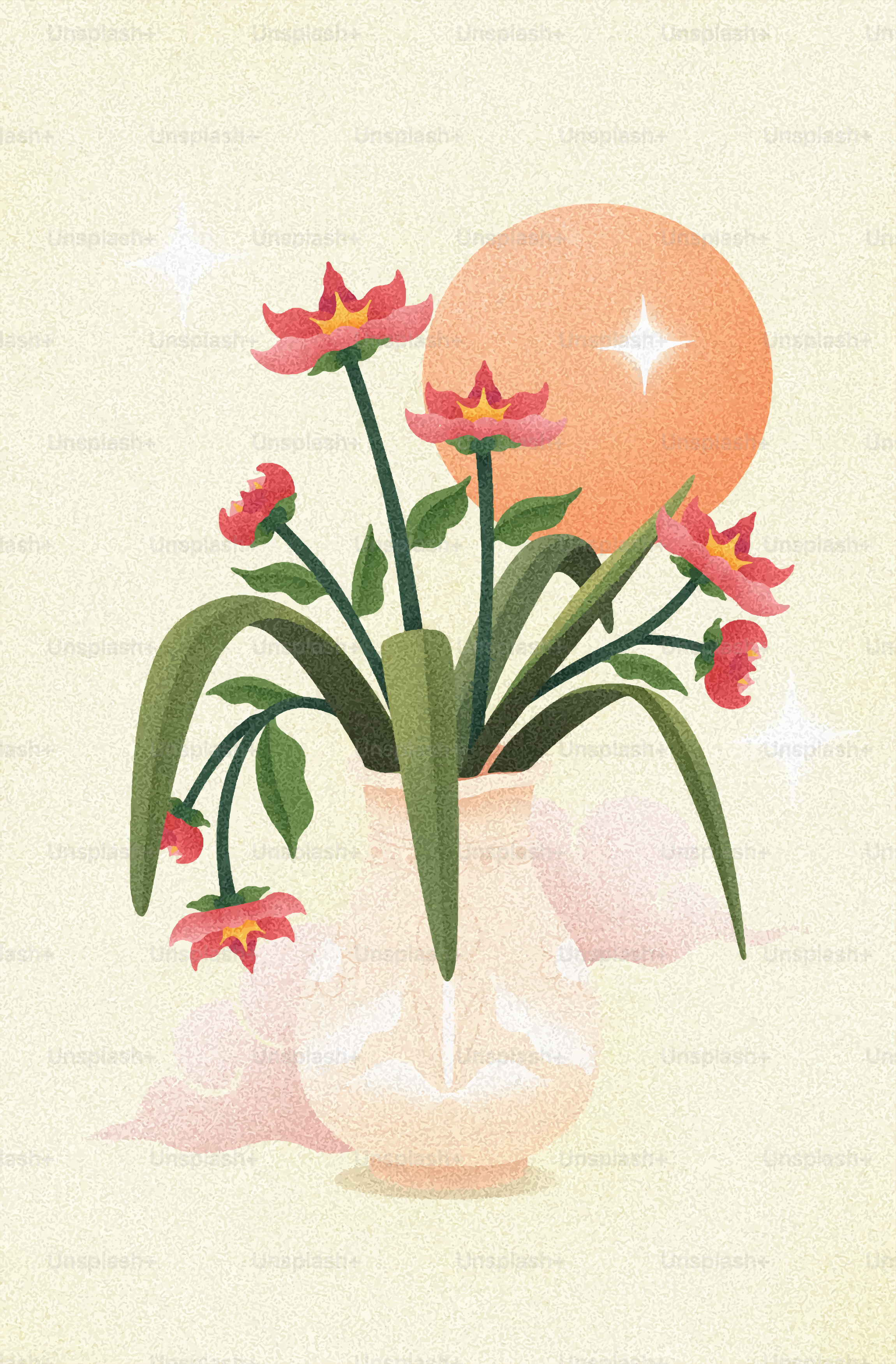 Fleurs roses dans un vase avec un soleil