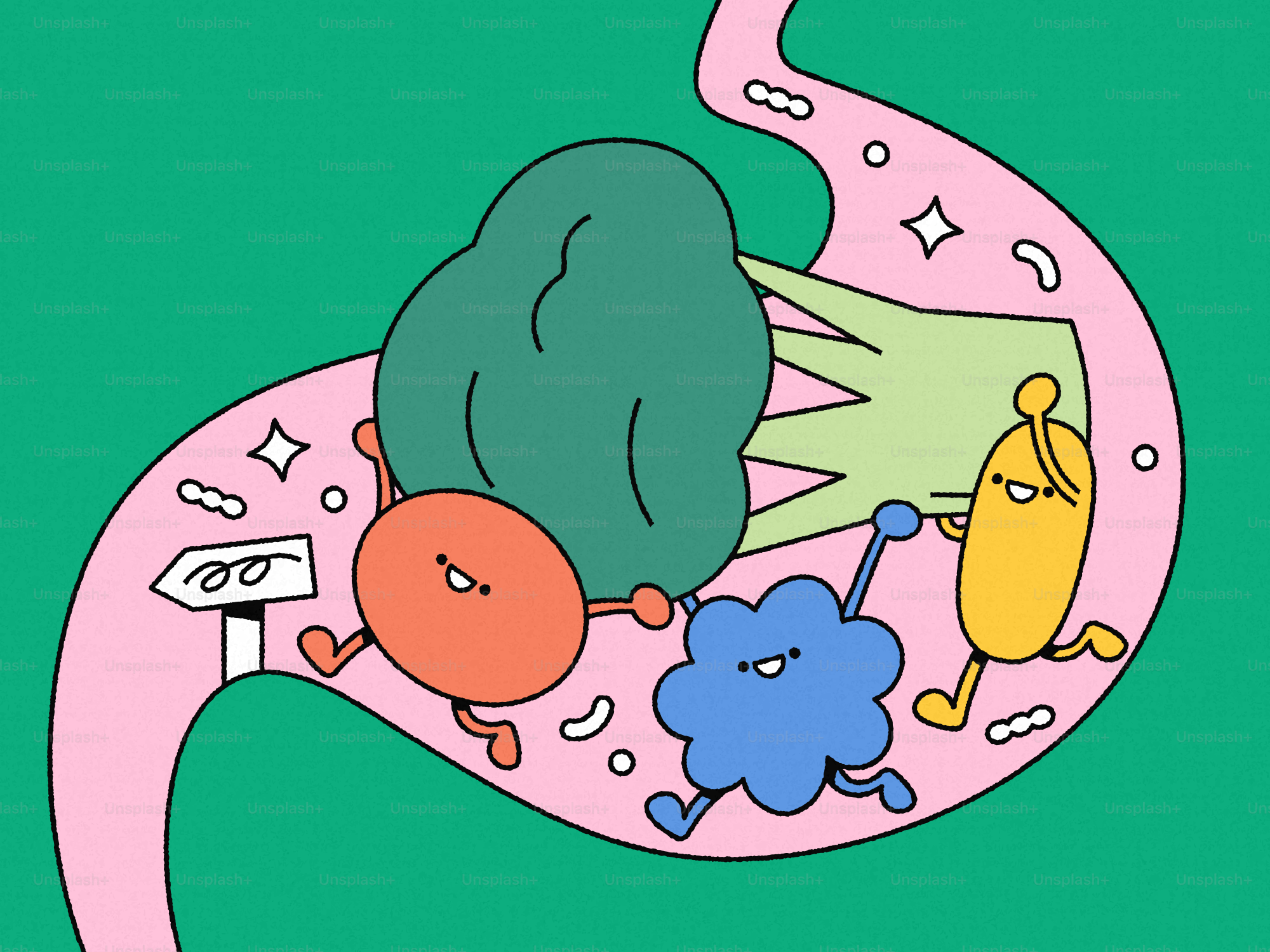 Microbi da cartone animato con volti all'interno di uno stomaco