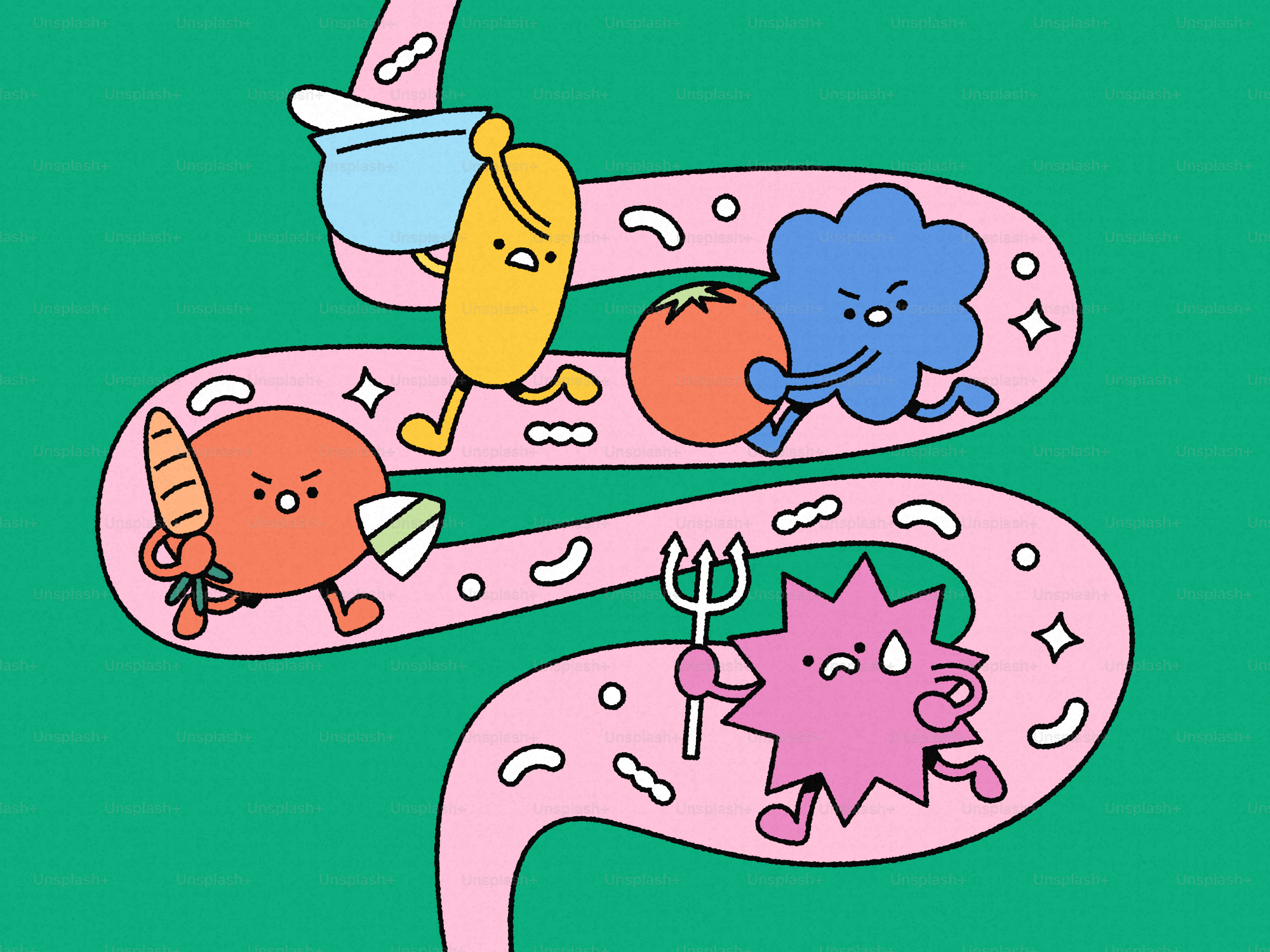 Batteri intestinali dei cartoni animati che combattono con il cibo