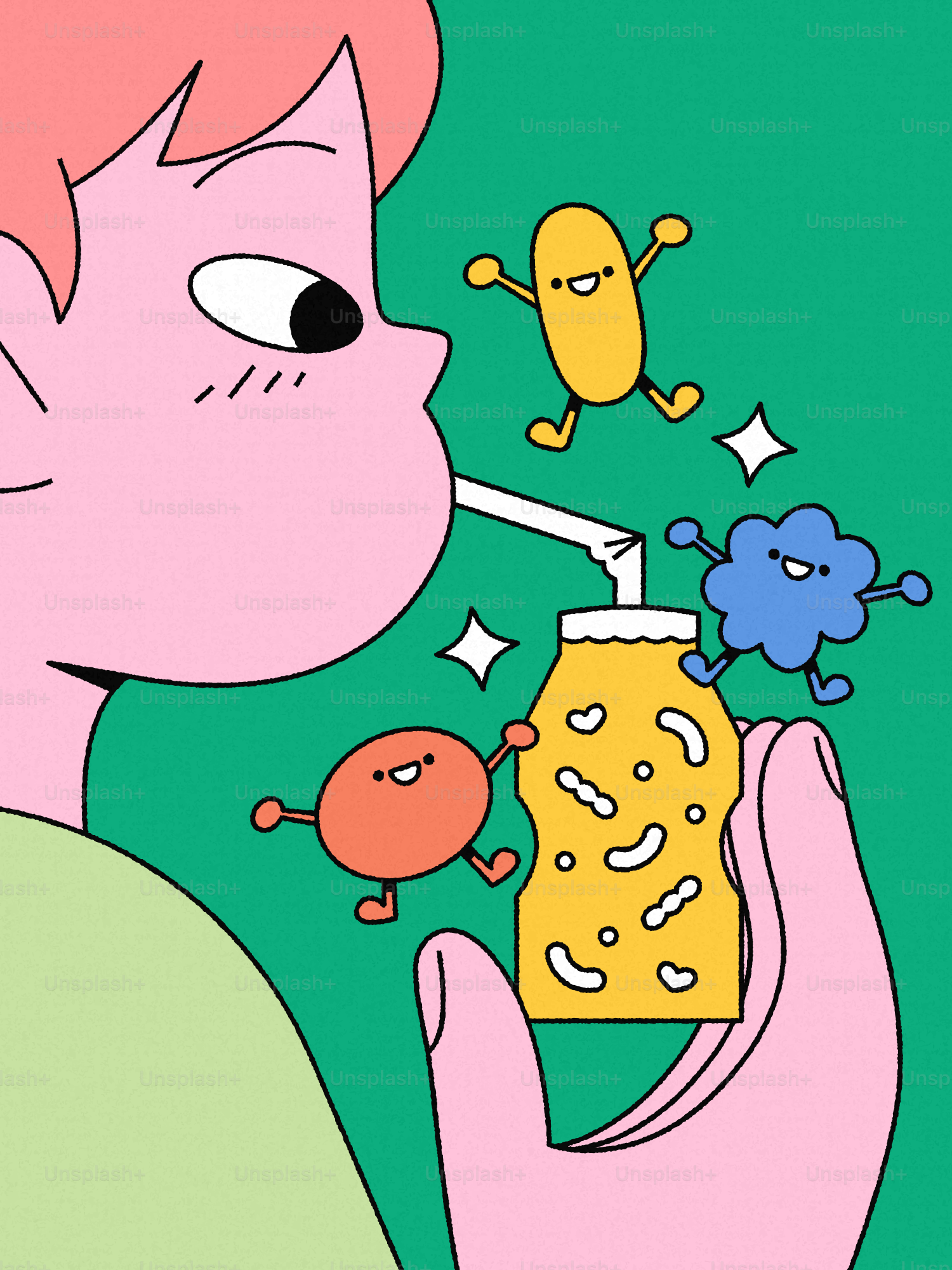 Persona che beve da una bottiglia con personaggi dei cartoni animati.