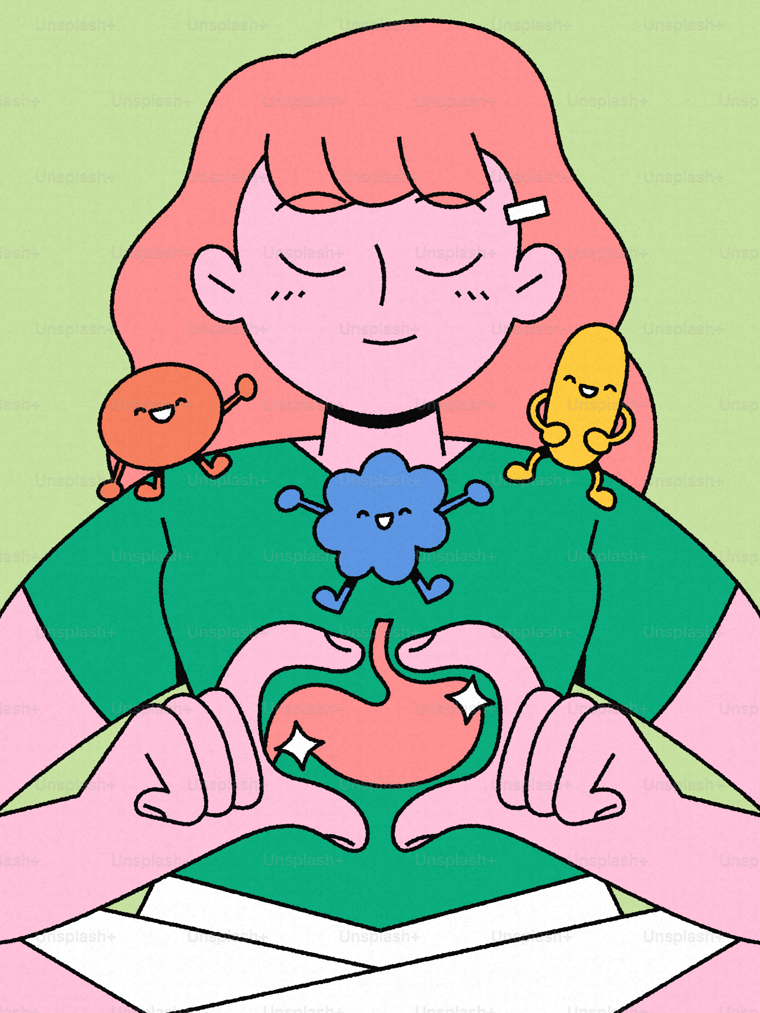 Donna con microbi da cartone animato intorno allo stomaco