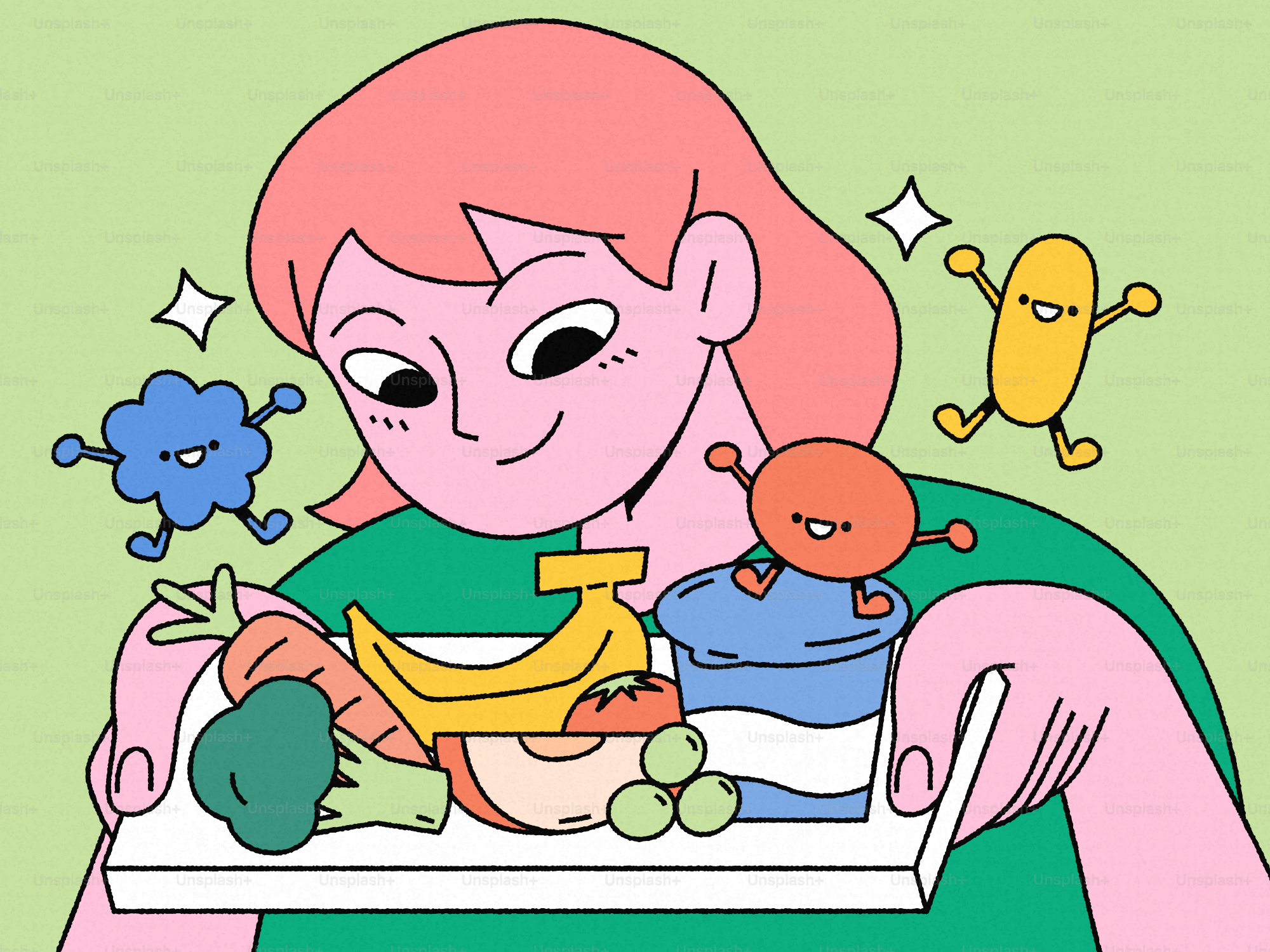 Persona che tiene un vassoio di cibo sano con personaggi dei cartoni animati.