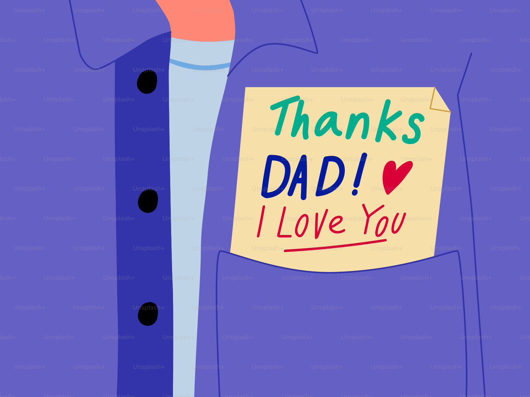 Bilhete no bolso da camisa diz obrigado, pai! Eu te amo.