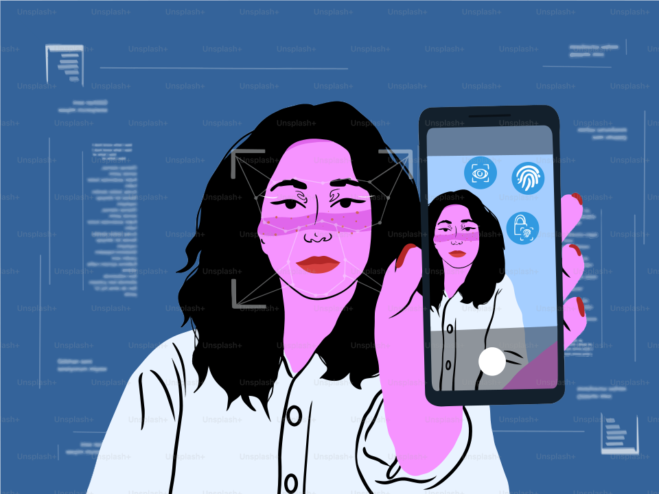 Mulher usando smartphone para escaneamento de reconhecimento facial