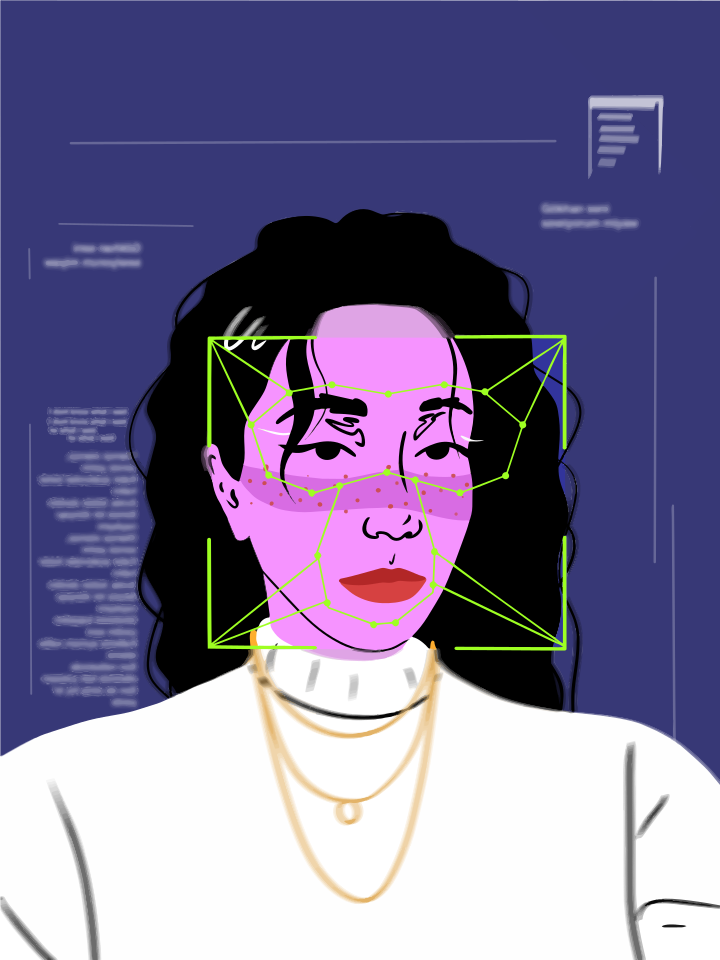 Rosto da mulher com sobreposição de reconhecimento facial
