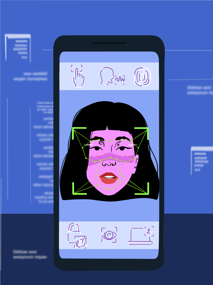 Escaneamento facial do rosto de uma mulher com smartphone.