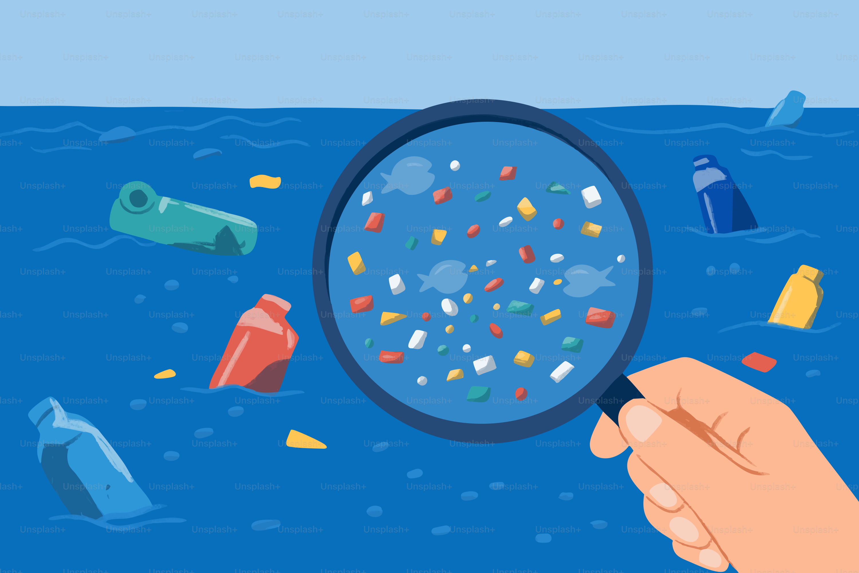 La pollution plastique dans l’océan vue à travers une loupe.