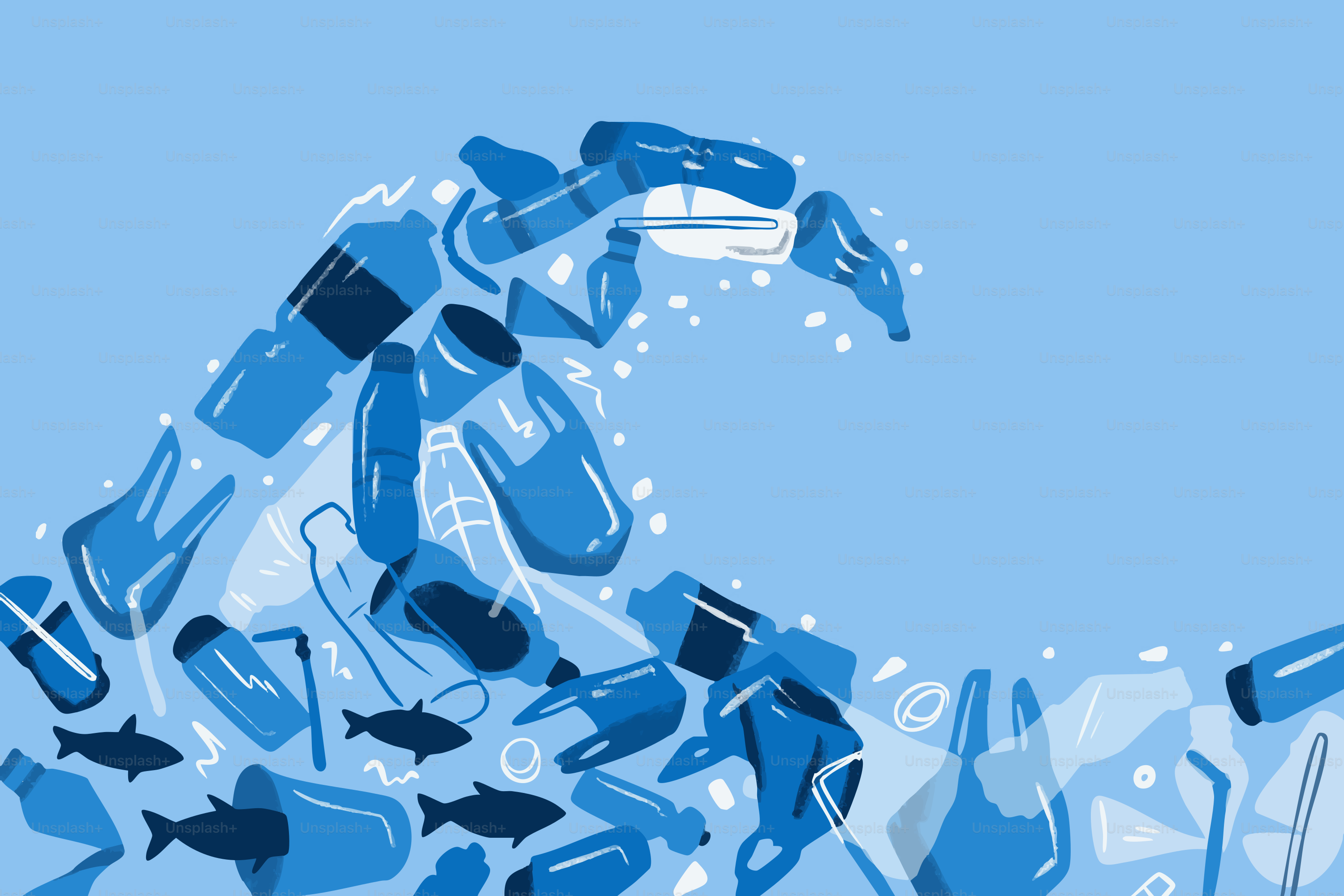 Ocean wave made of plastic pollution and fish.