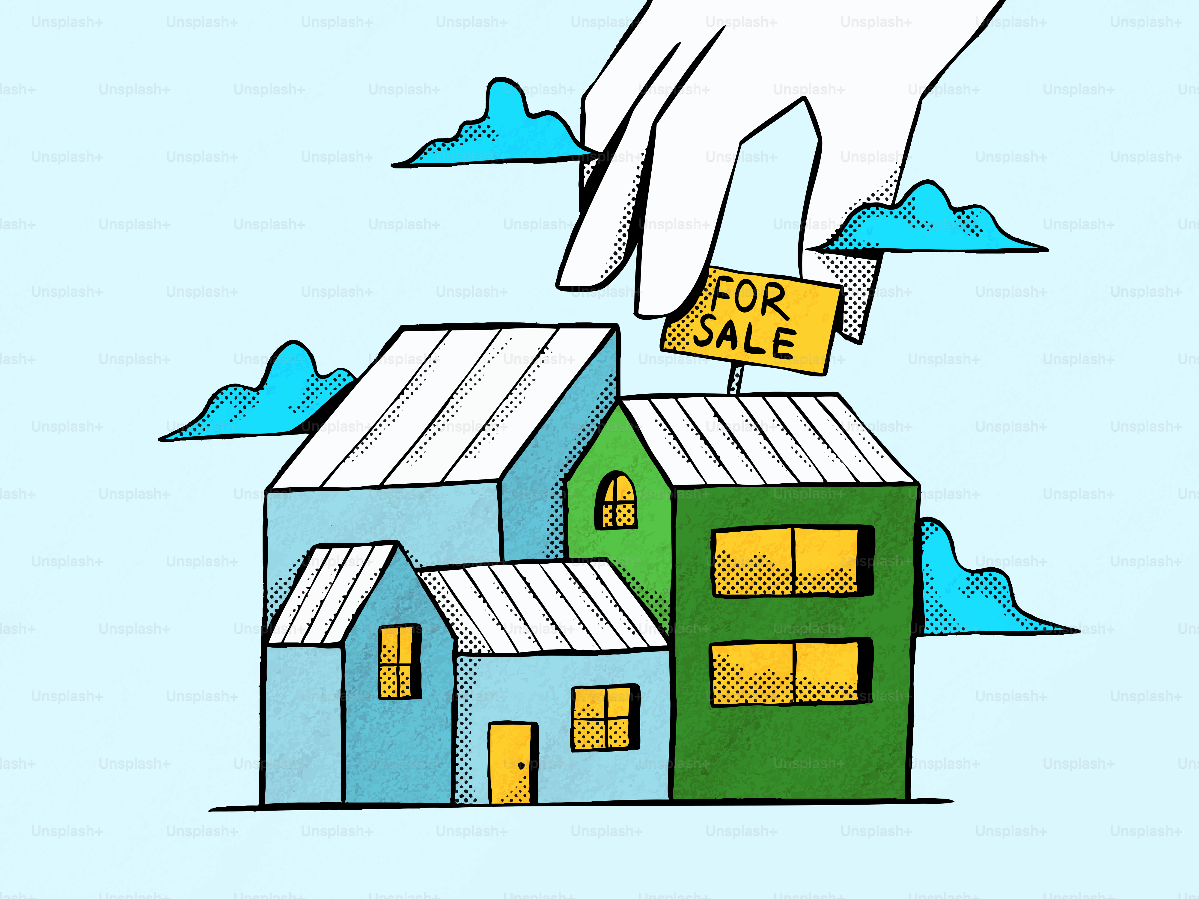 カートゥーンハウスに手で「売り物中」の看板を貼る。