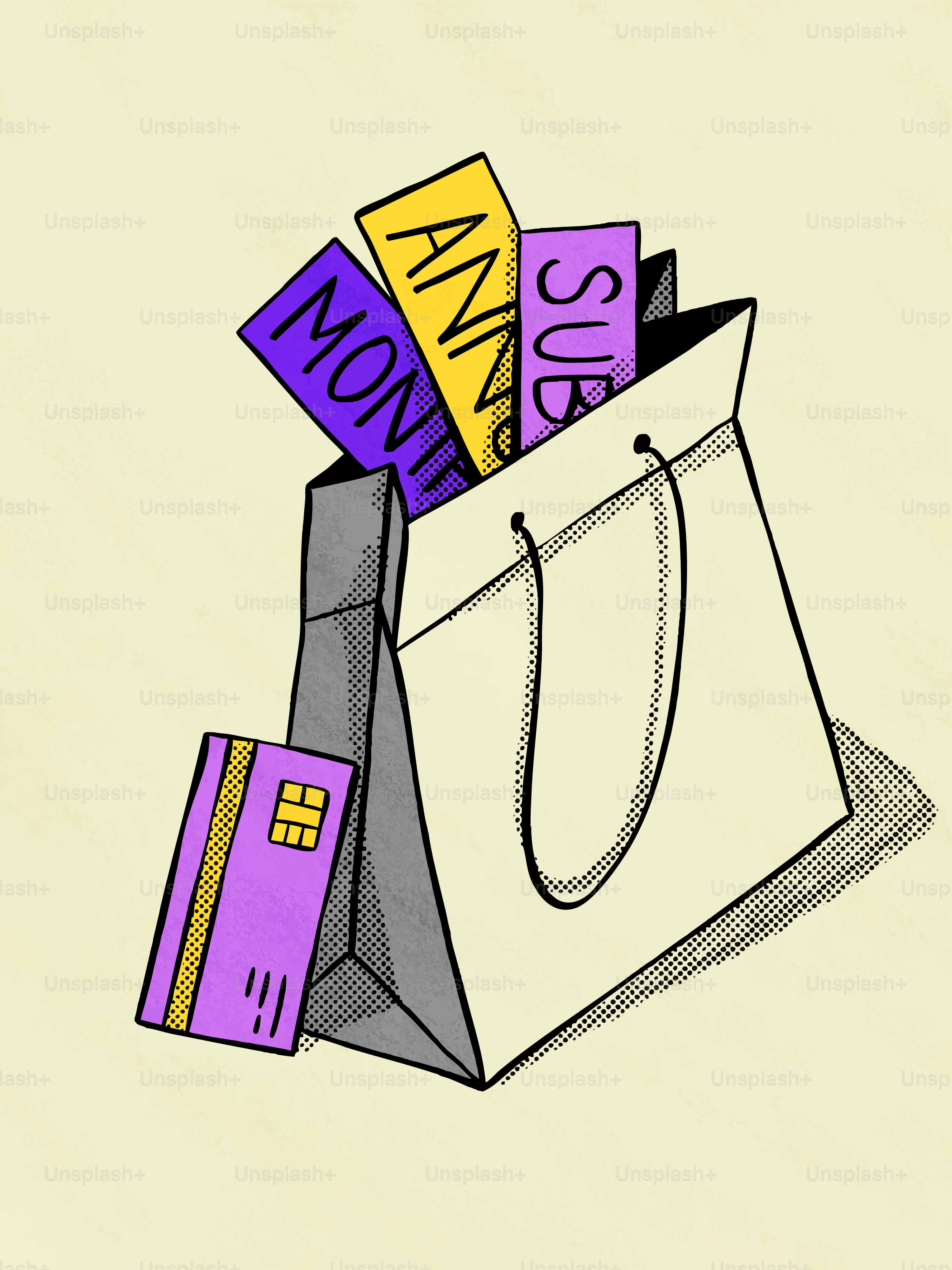 Shopping bag with subscription cards and credit card.