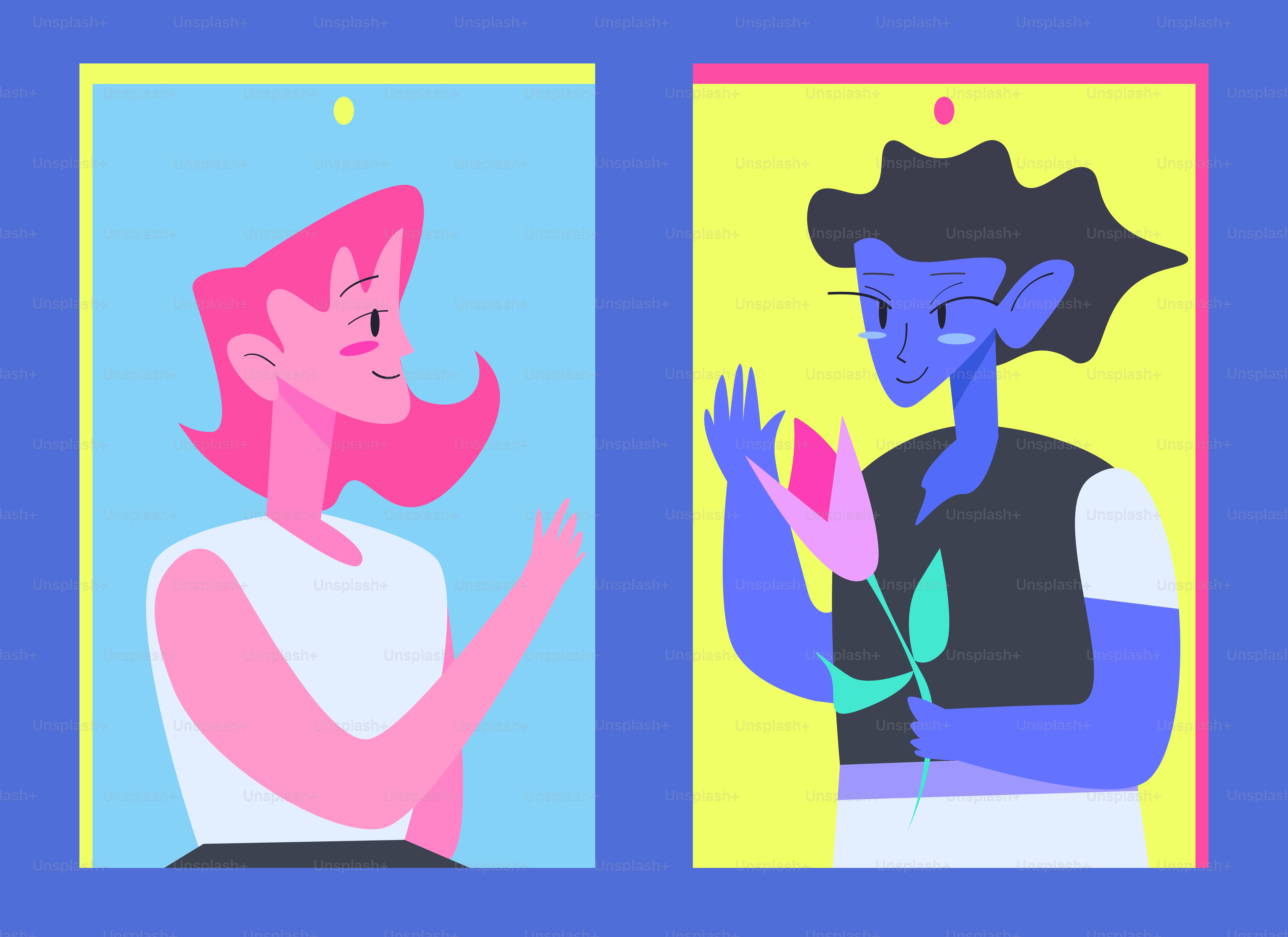 Duas figuras estilizadas, uma rosa, uma azul, interagindo