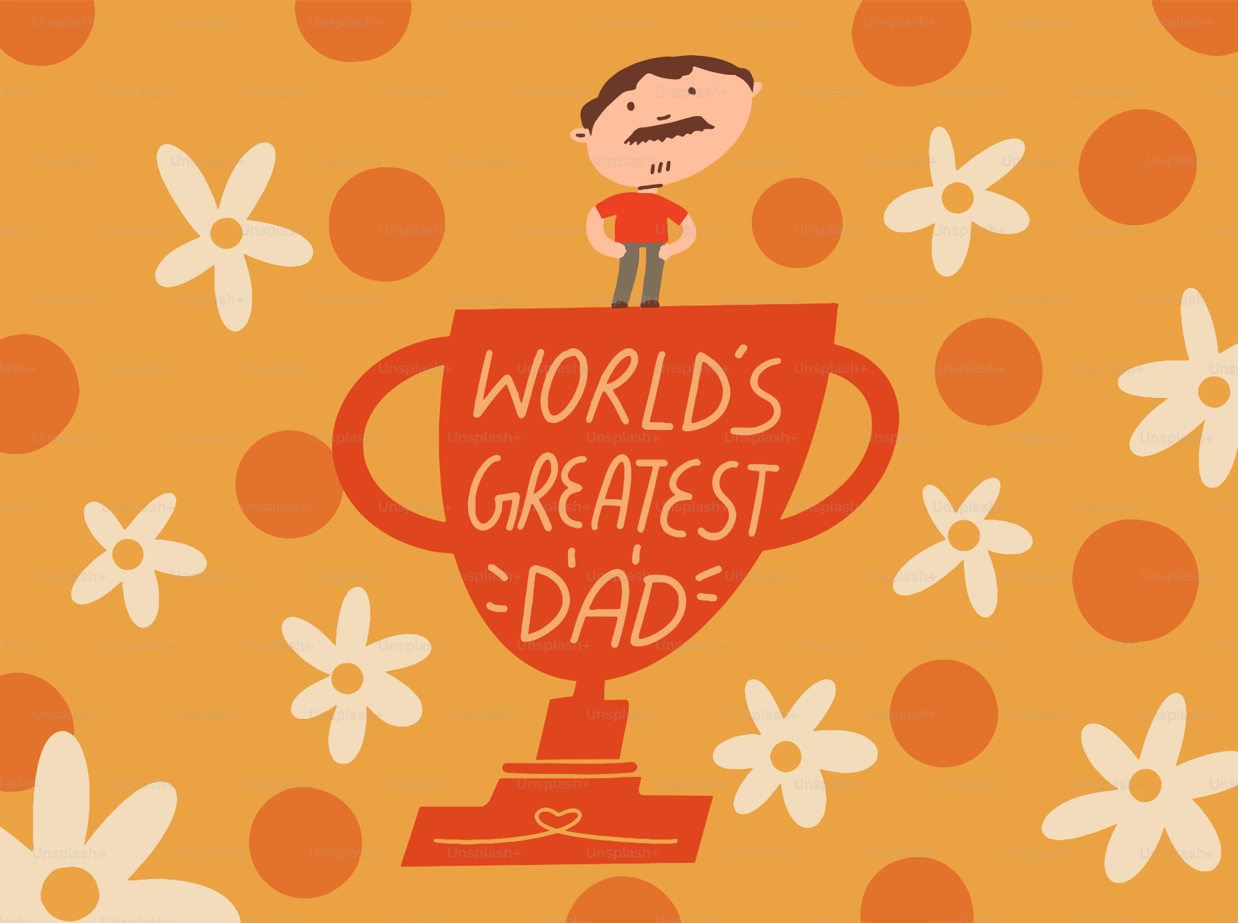漫画の父親がトロフィーの上に立ち、花や点に囲まれている