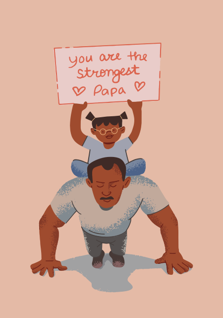 父と娘が看板を持って腕立て伏せをしている。