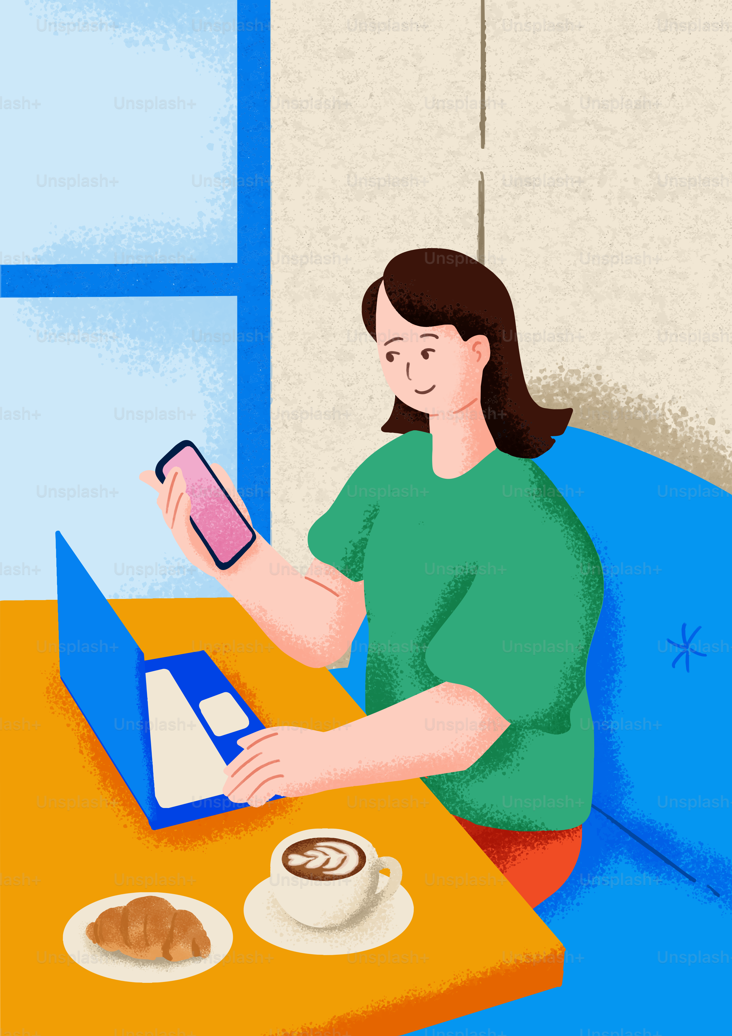 Une femme qui travaille sur un ordinateur portable avec du café et un croissant.