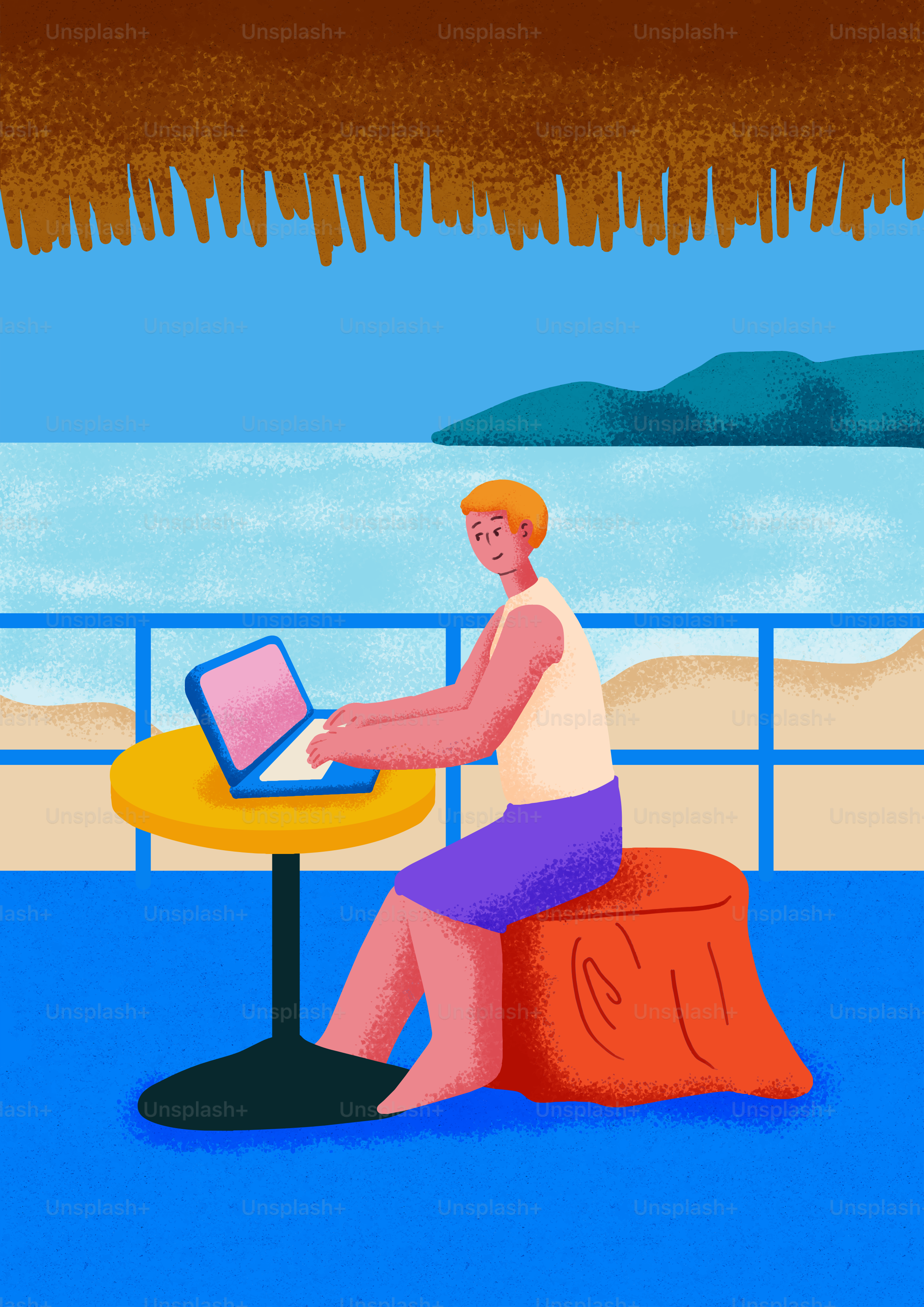 Un homme qui travaille sur un ordinateur portable au bord de la plage