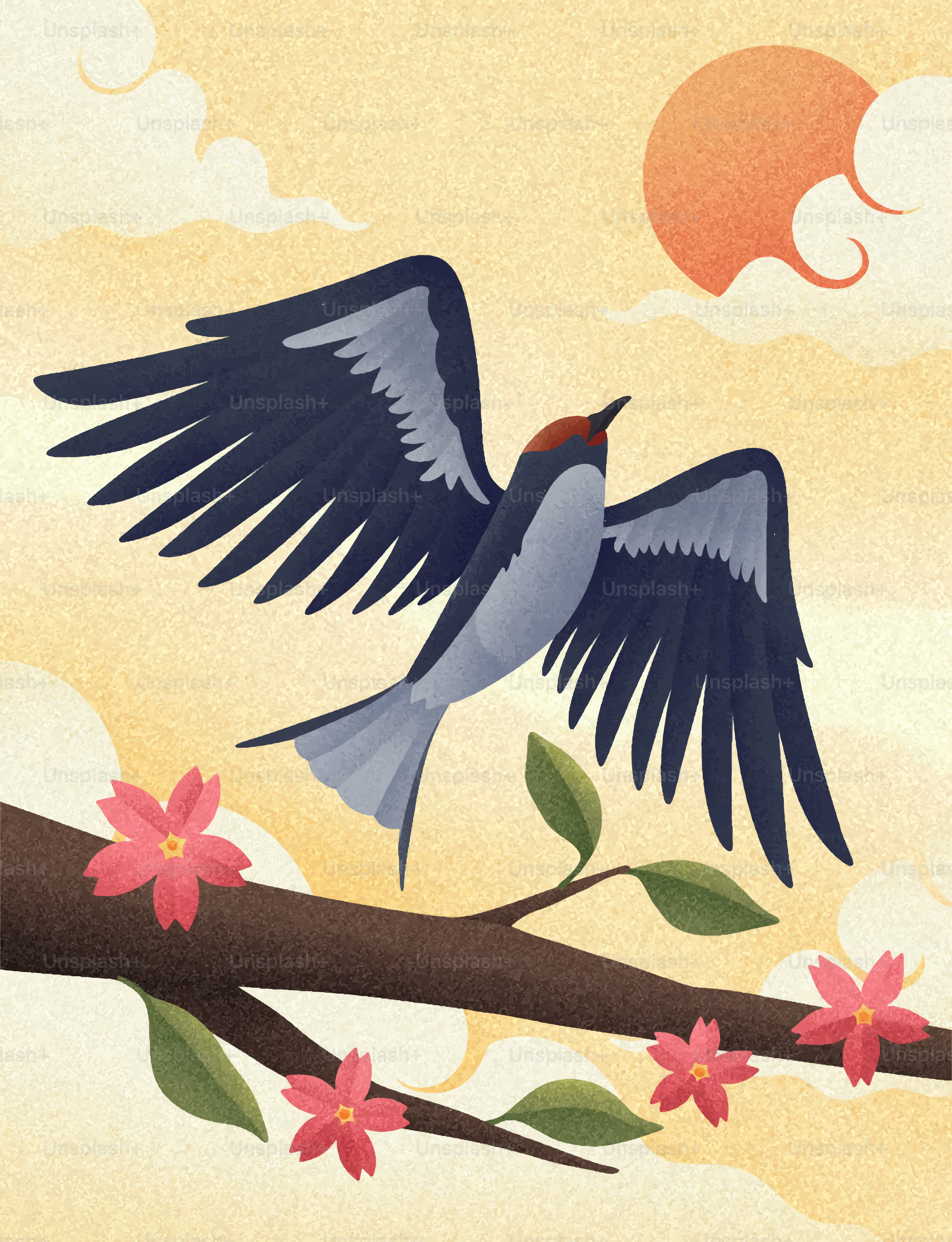 Un oiseau s’envole d’une branche avec des fleurs.