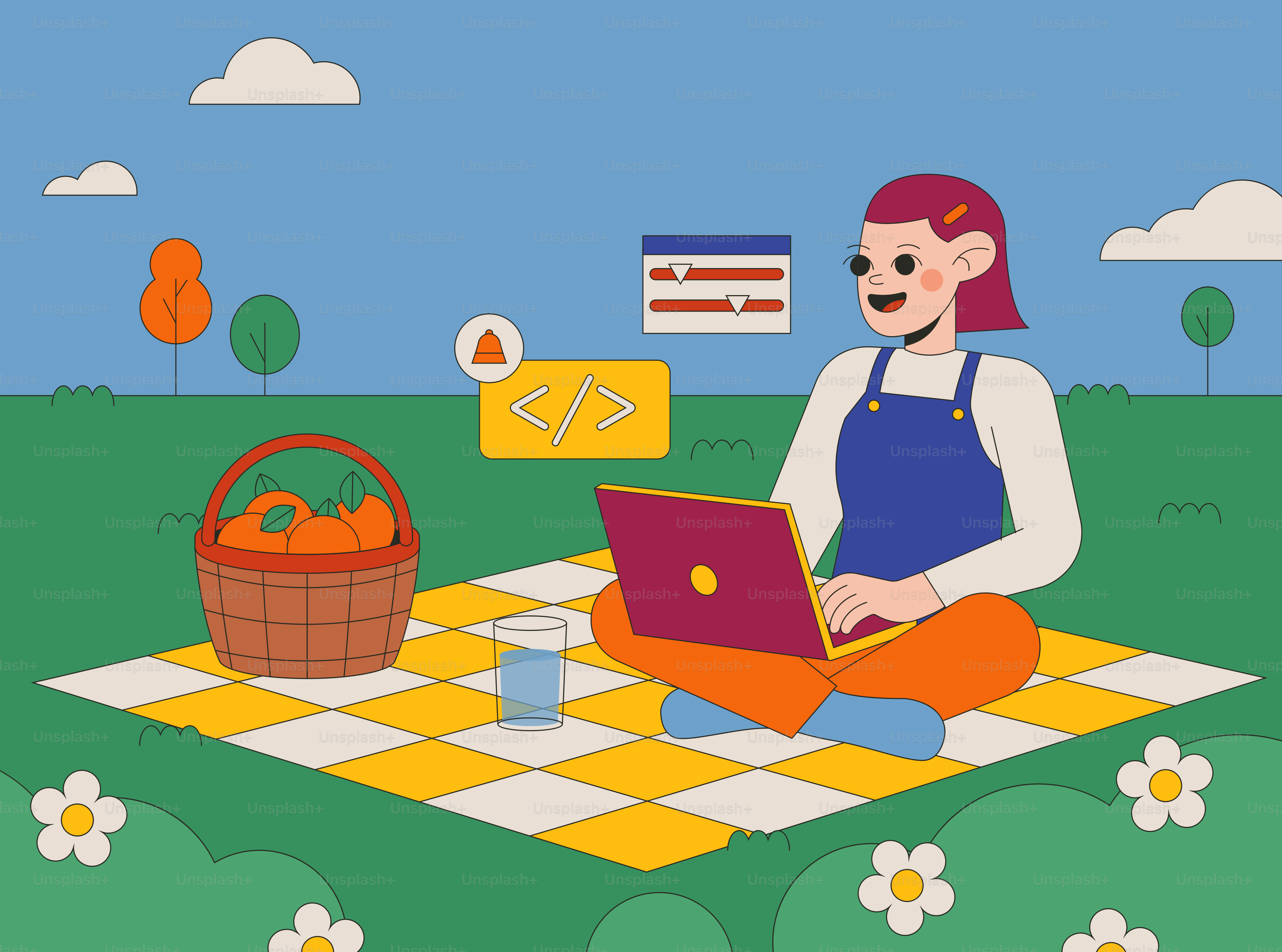 Mulher programando no laptop em um piquenique