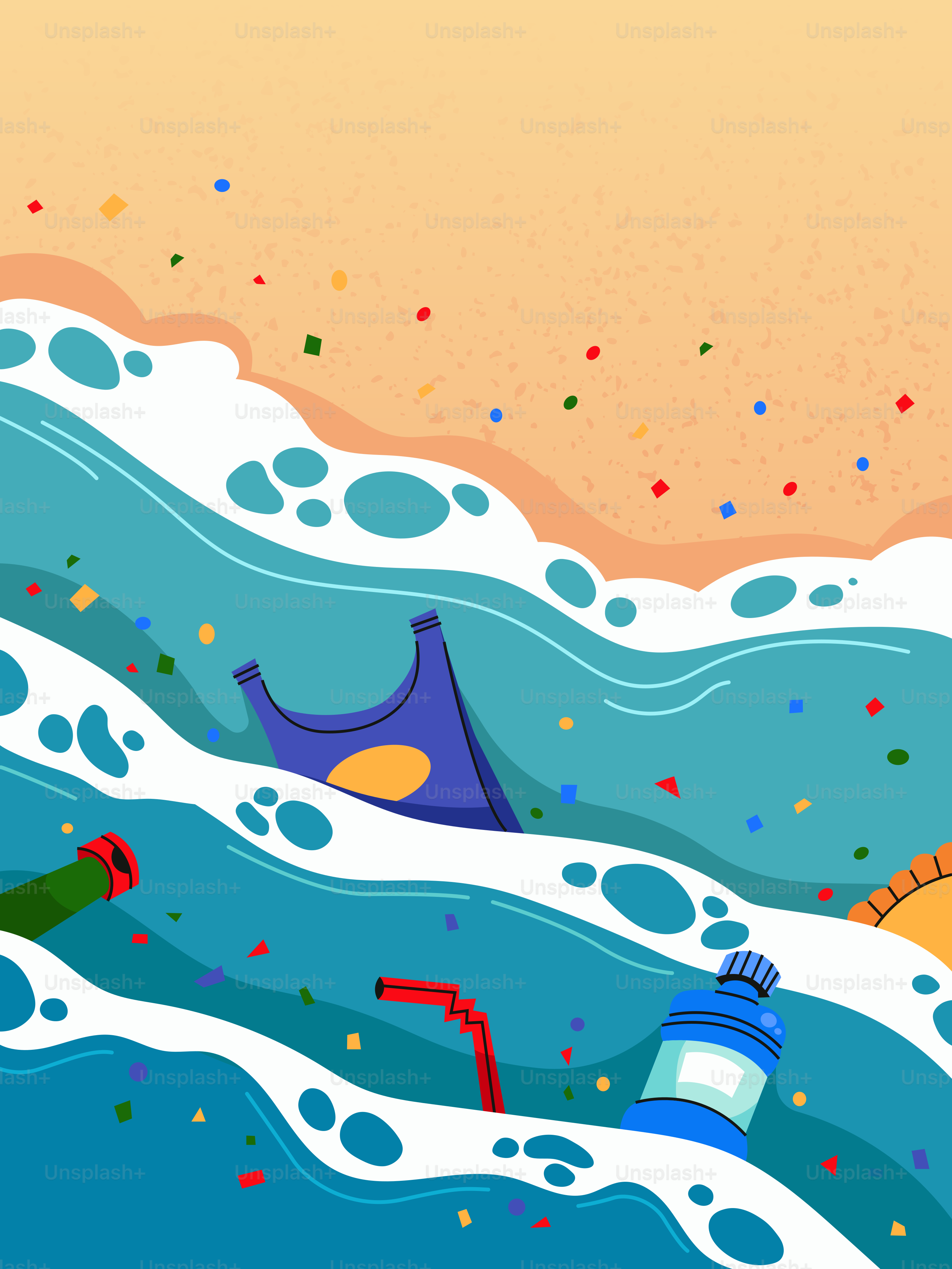 ビーチでのプラスチックボトルや袋による海洋汚染