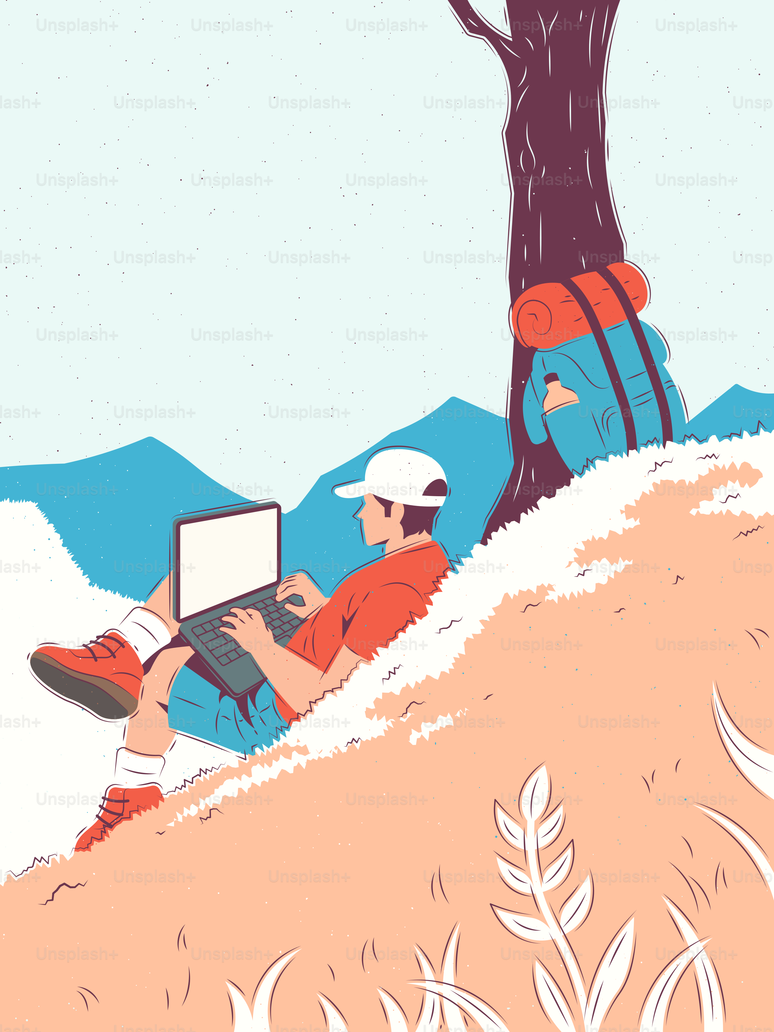 노트북 근처 야외에서 배낭을 메고 노트북을 사용하는 남자.