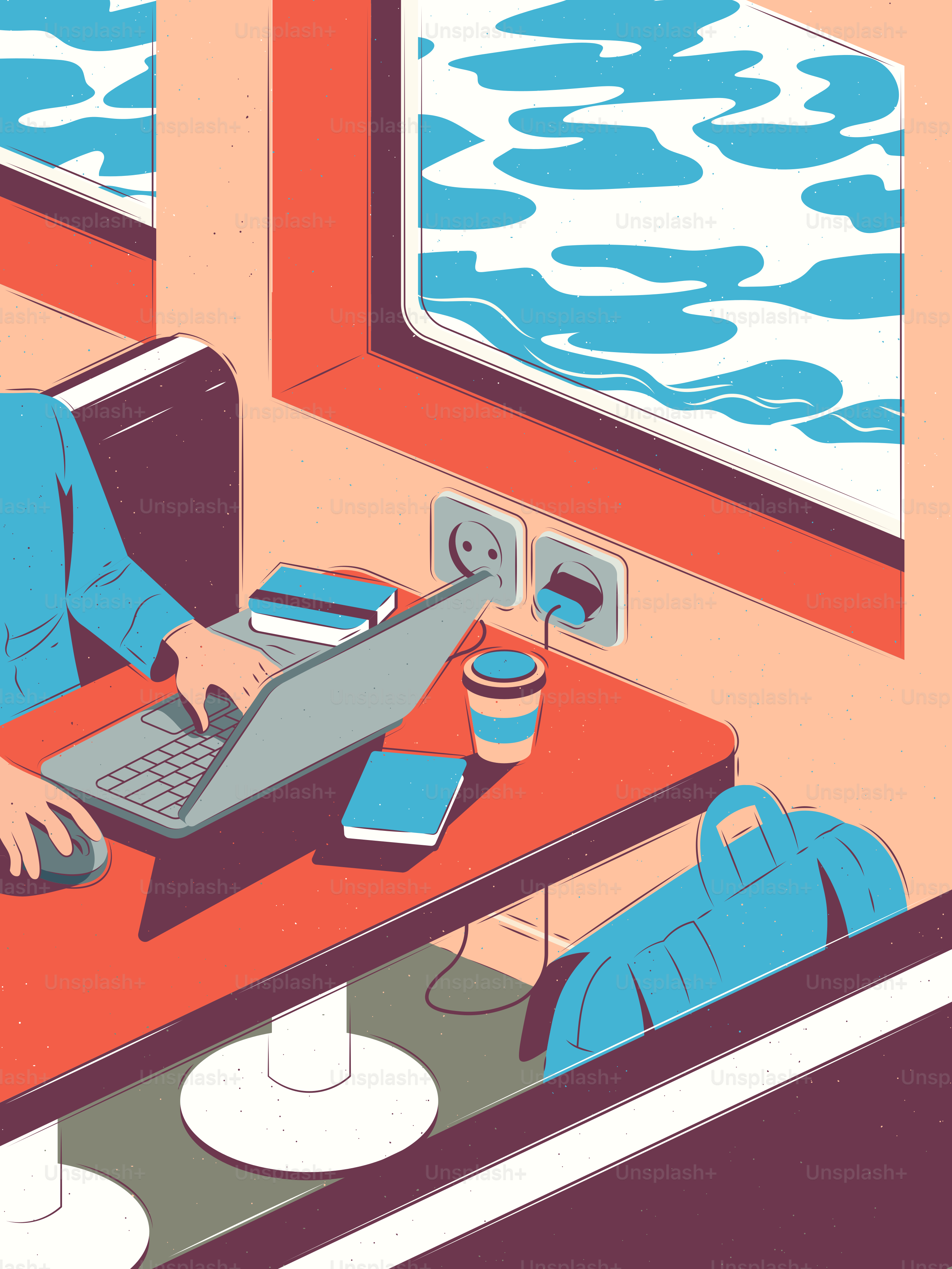 기차 안에서 노트북을 하고 있는 사람이 물 앞에서 작업하고 있습니다.