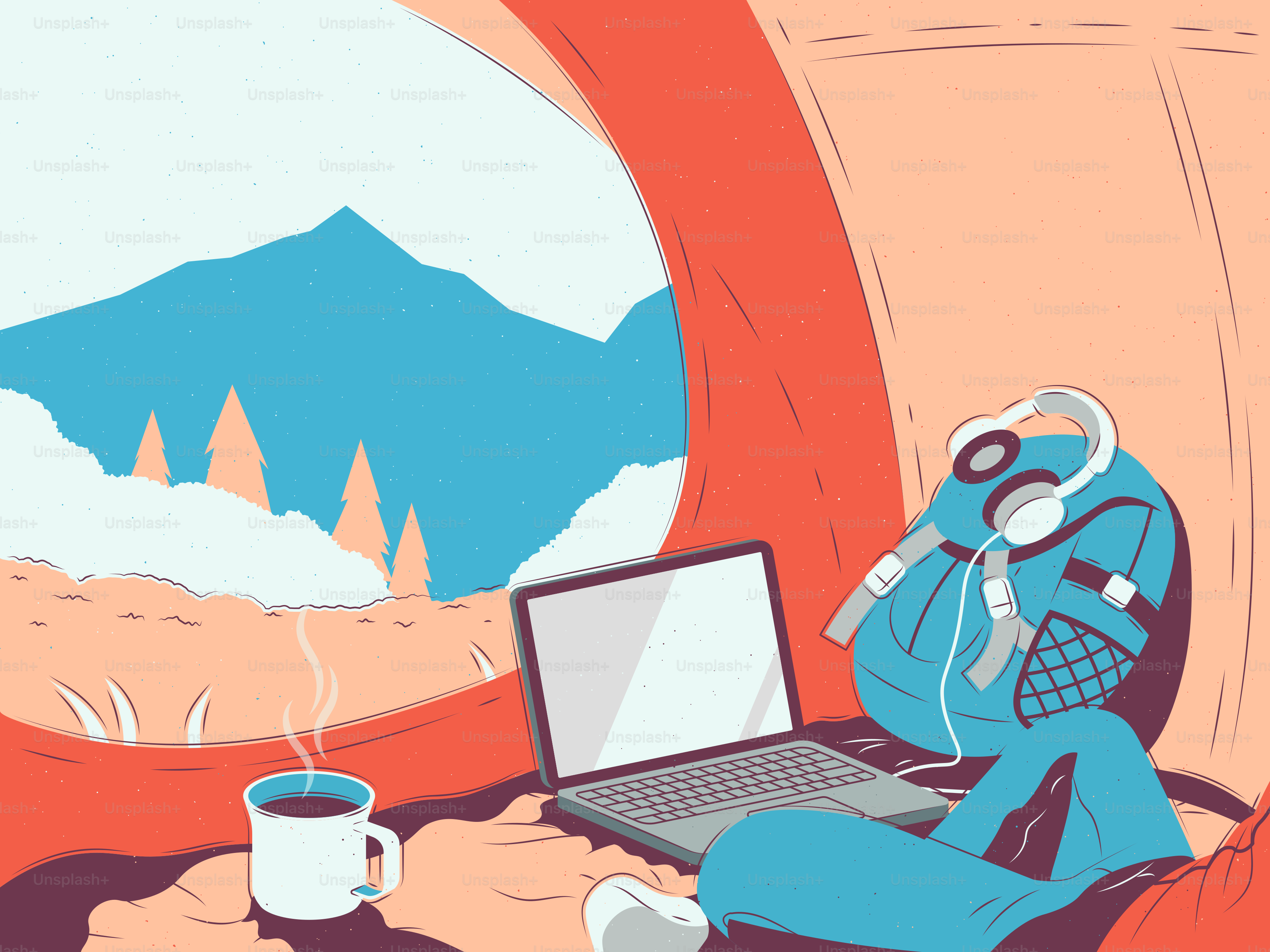 텐트 안에서 노트북을 작업하며 커피를 마시고 있는 사람.