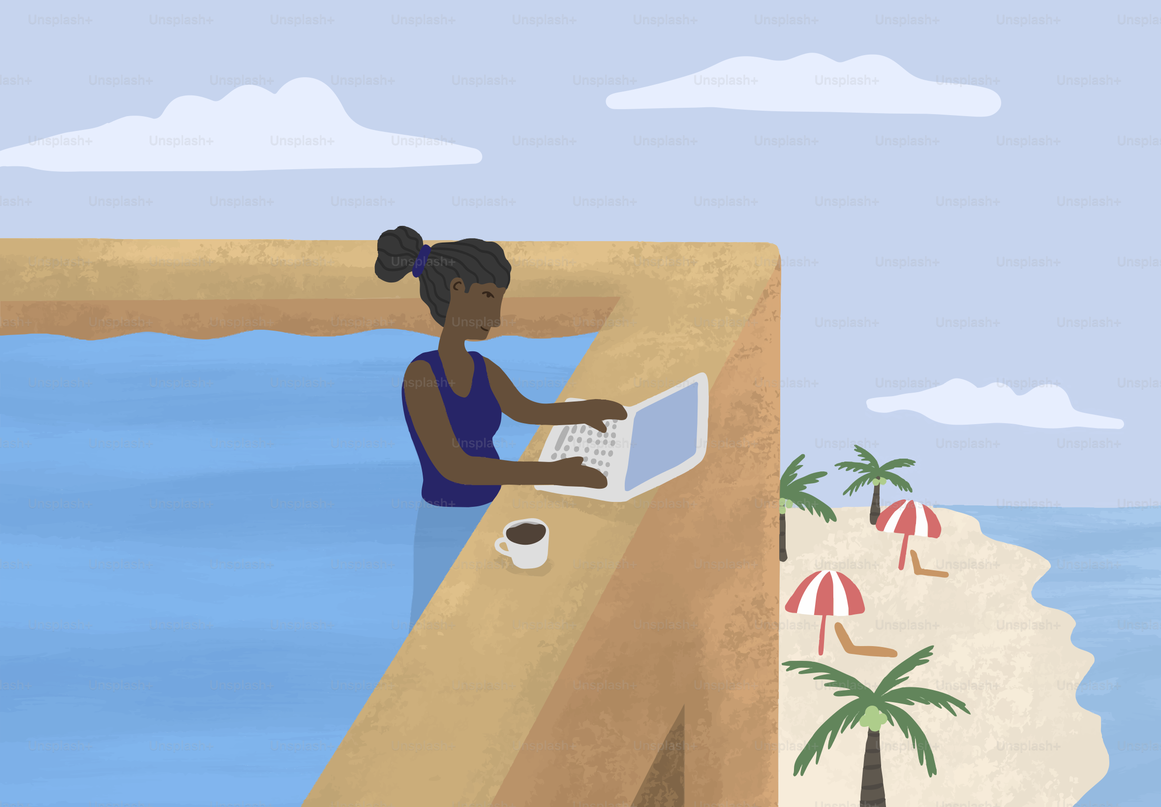 Mujer trabajando en un portátil junto al mar con la playa