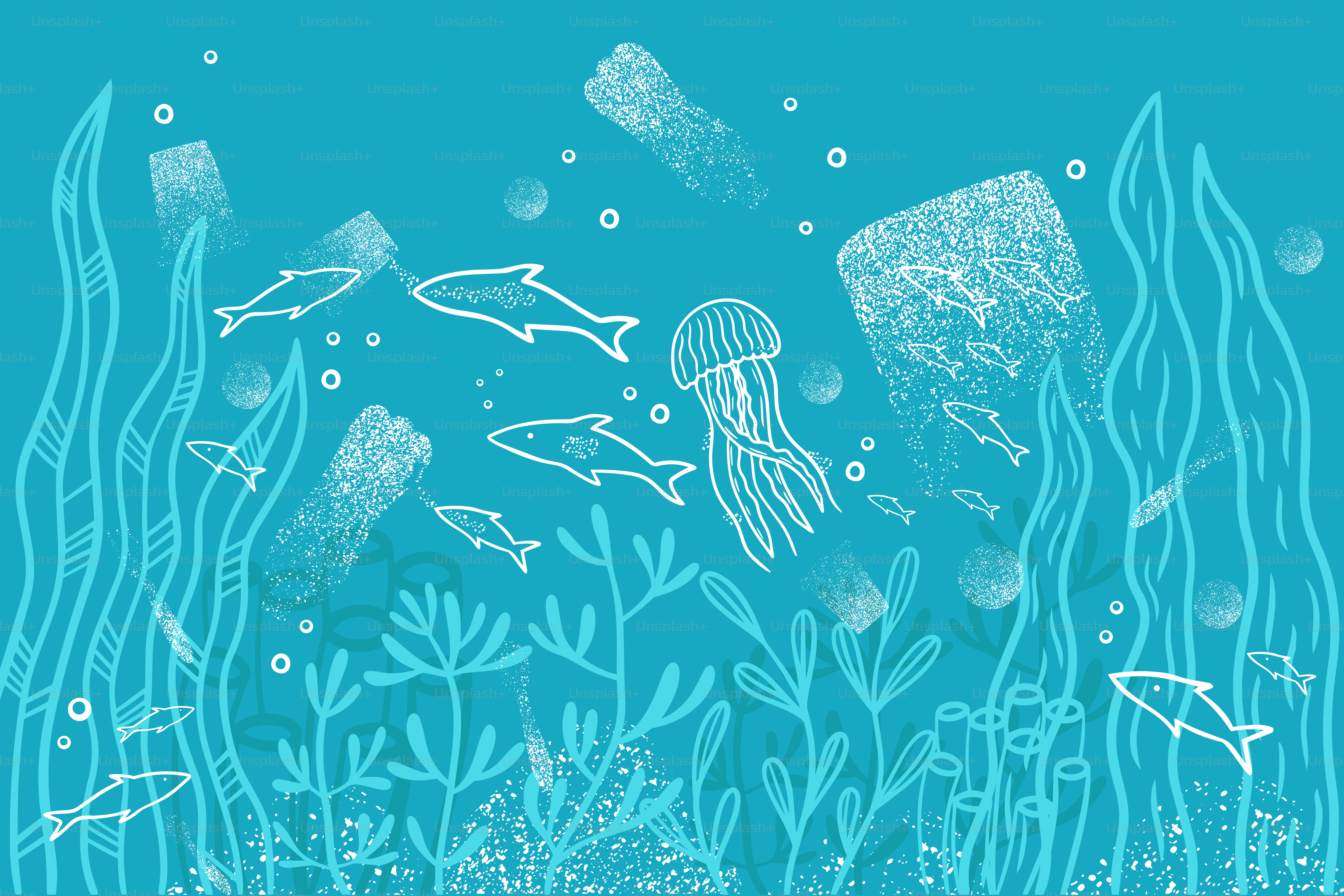 Peces y medusas nadan entre la contaminación plástica bajo el agua.