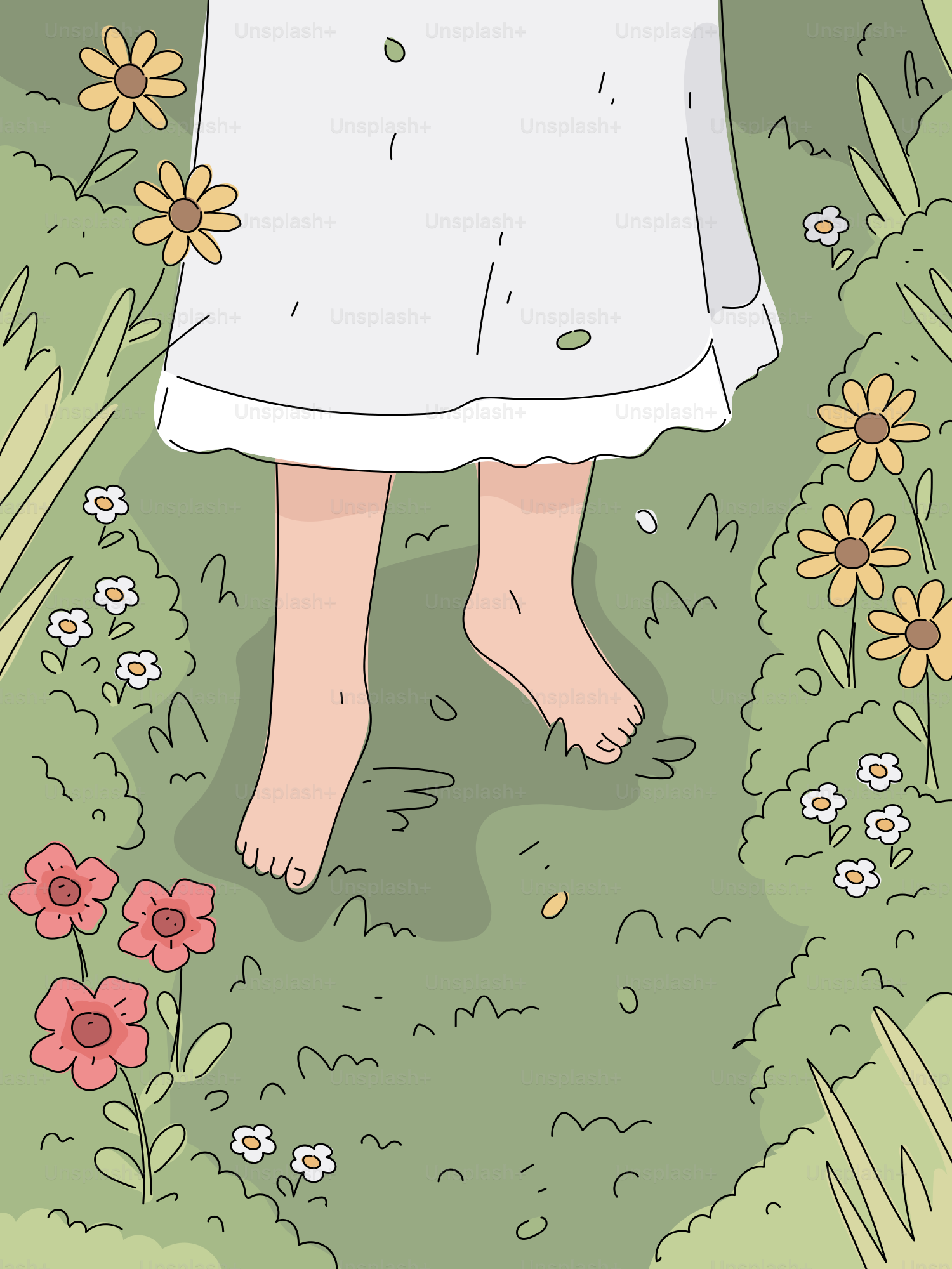 Piedi nudi che si posano sull'erba verde con fiori.